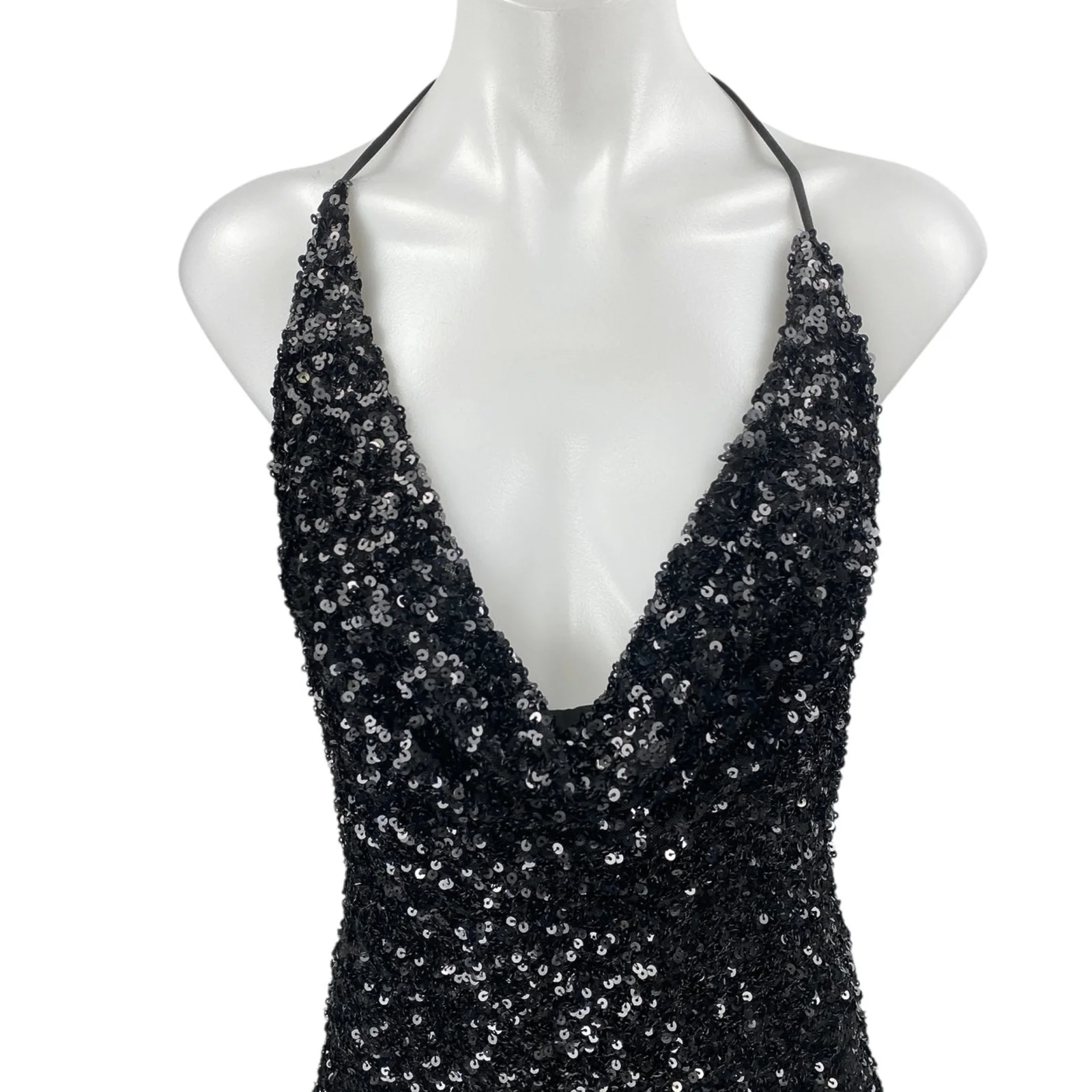 NEW Fashion Nova Black Sequin Halter Plunge Sleeveless Slit Sheath Mini Dress S - Image 3