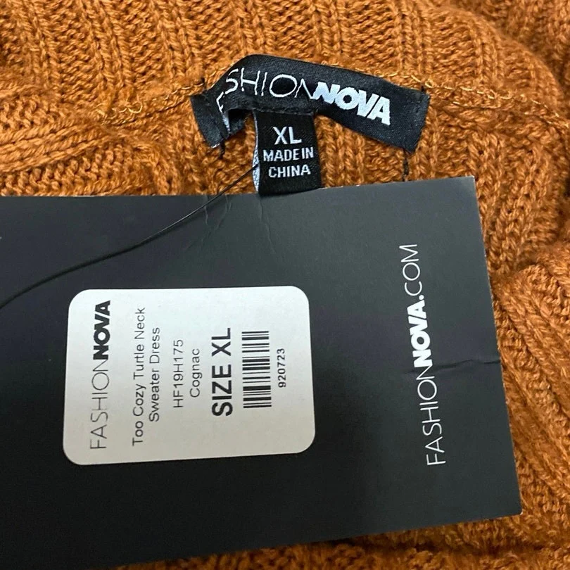 NEW Fashion Nova Brown Cable Knit Long Sleeve Turtleneck Mini Sweater Dress XL - Image 3