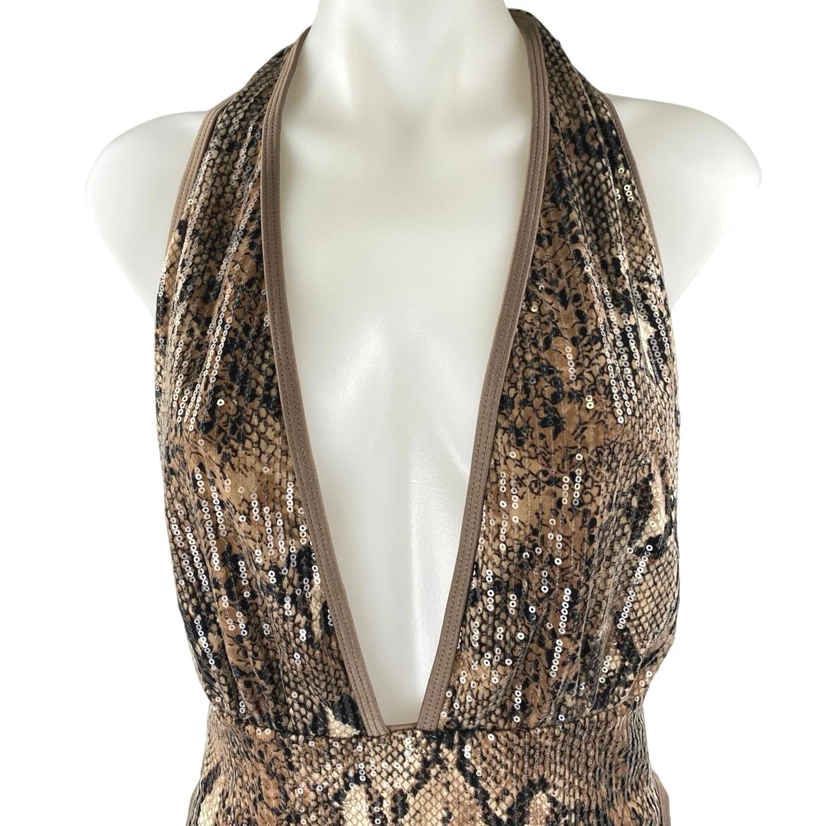 NEW Fashion Nova Brown Snake Print Sequin Sleeveless Cami One Piece Swimwear XL - Image 4
