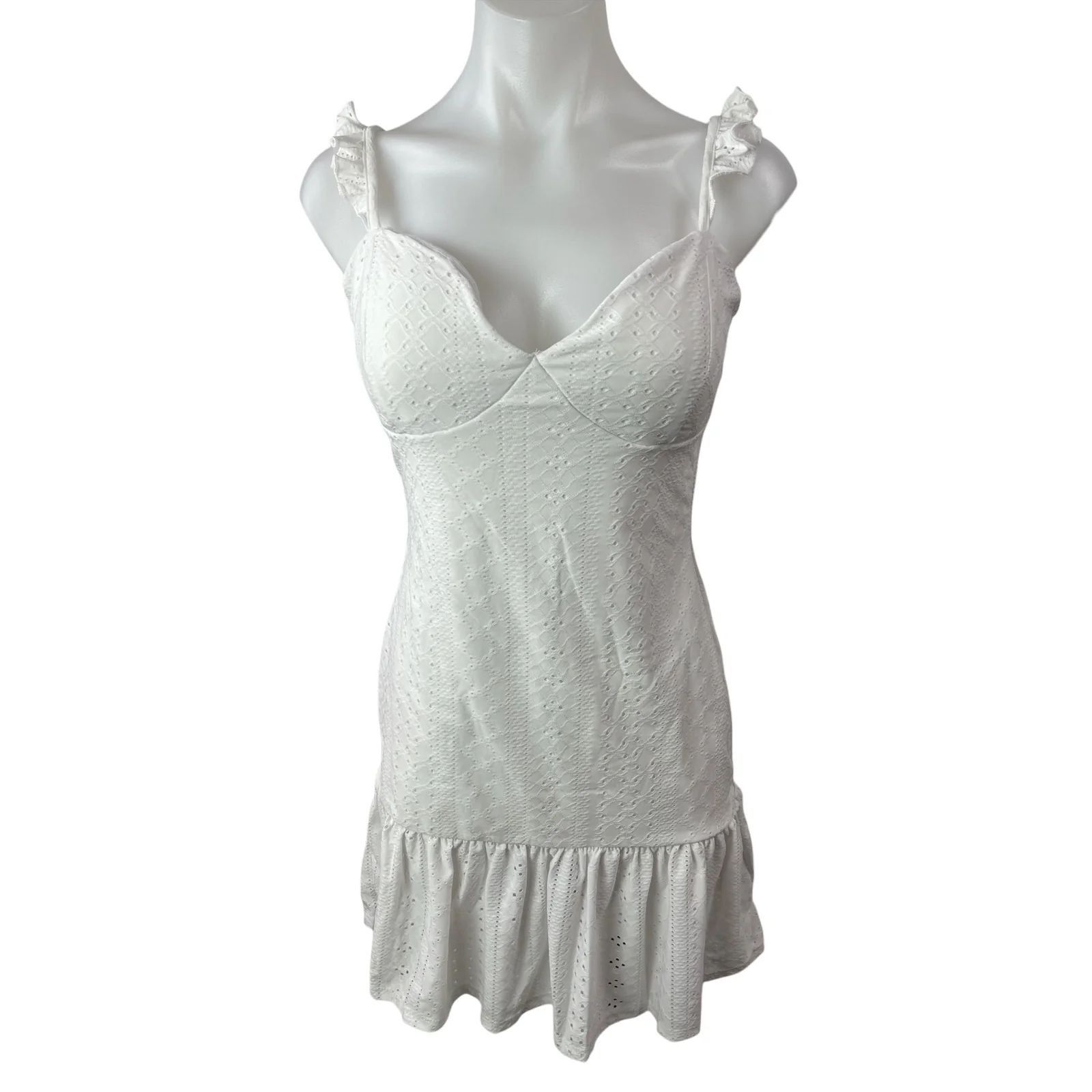 NEW Fashion Nova Eleanor White Embroidered Eyelet Ruffle Tank Mini Dress Size L