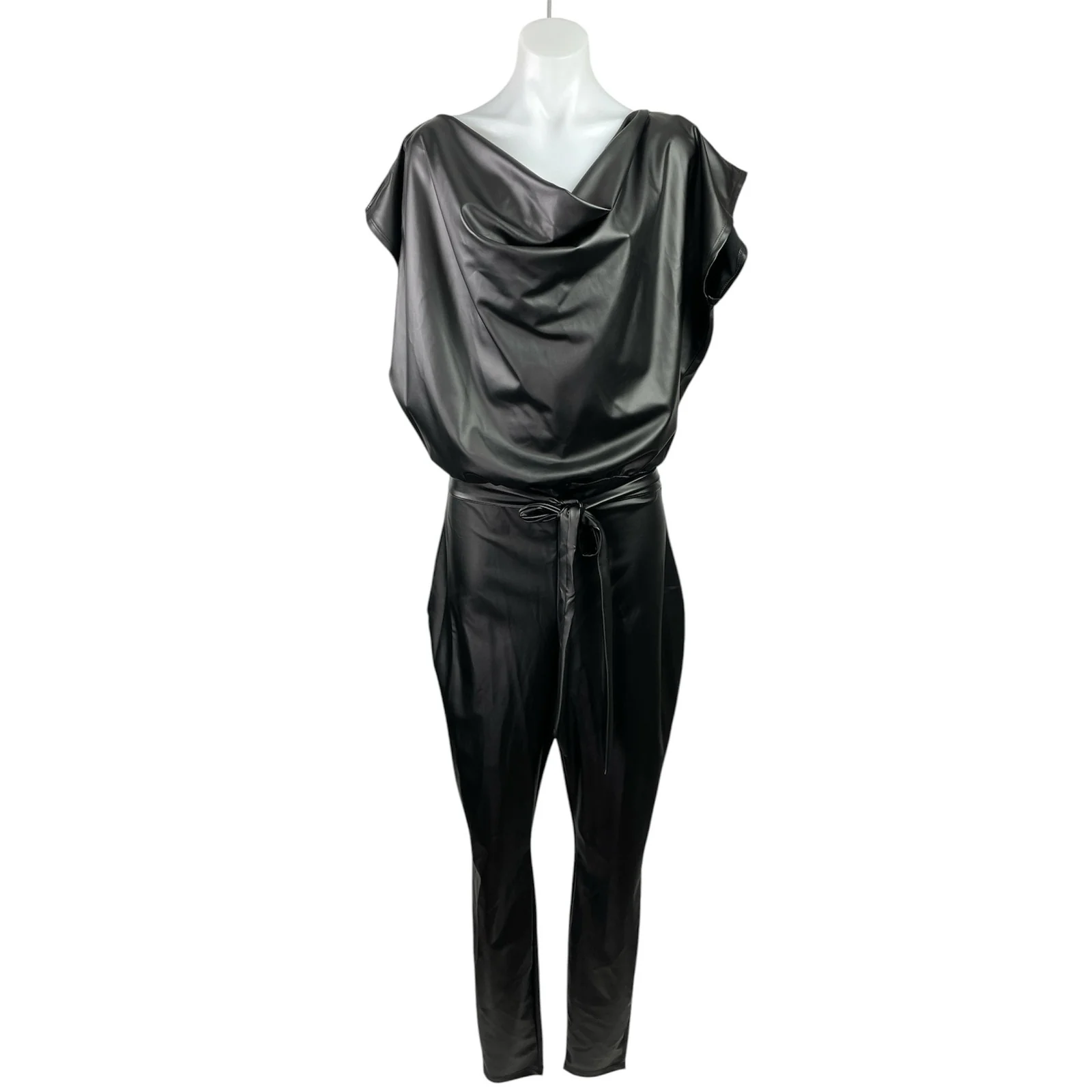 NEW Fashion Nova Want You Back Black One Shoulder Faux Leather PU Jumpsuit Sz 1X - Image 2
