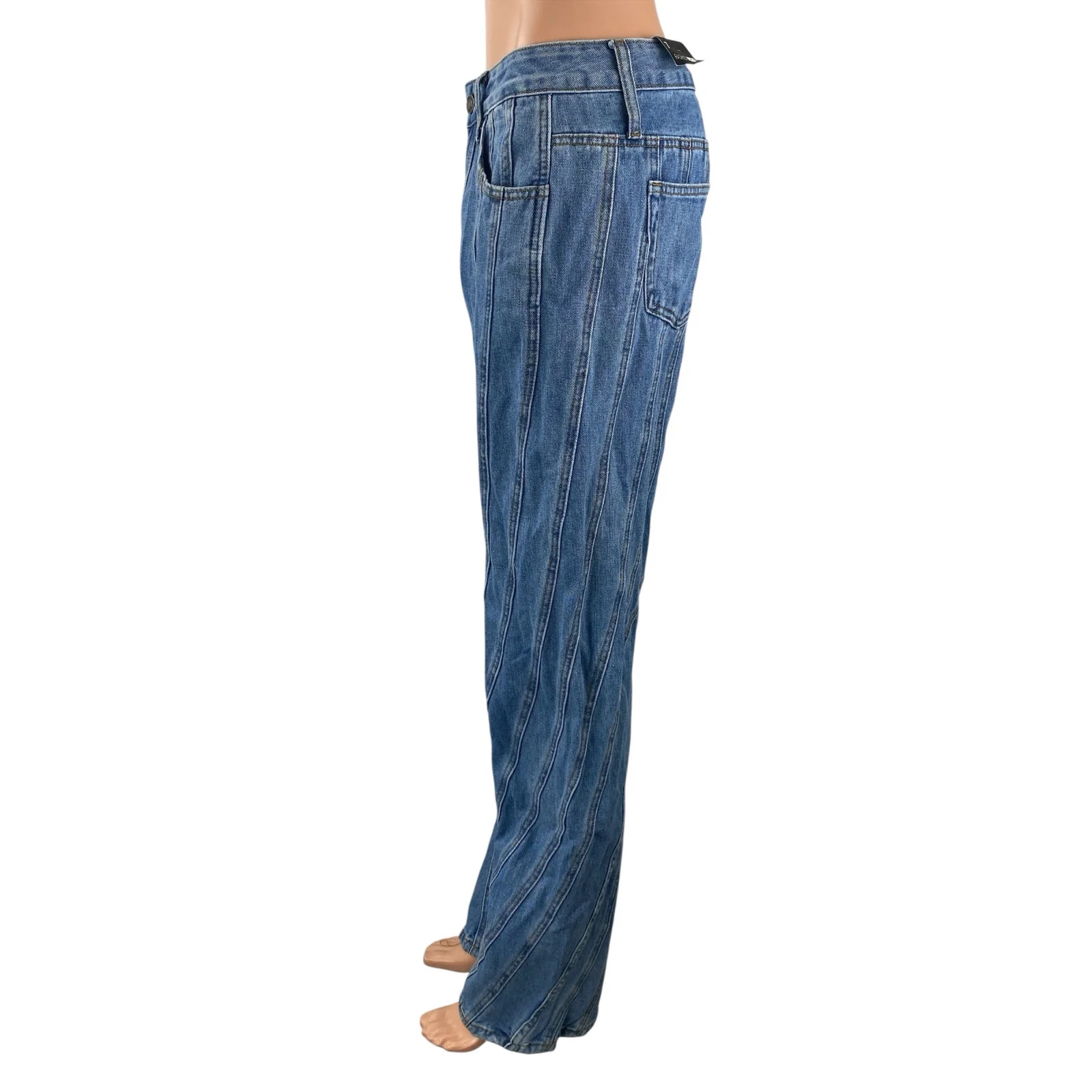 NEW Fashion Nova Women's Blue Seam Detail High Rise Straight Denim Jeans Pants 7 - Image 3
