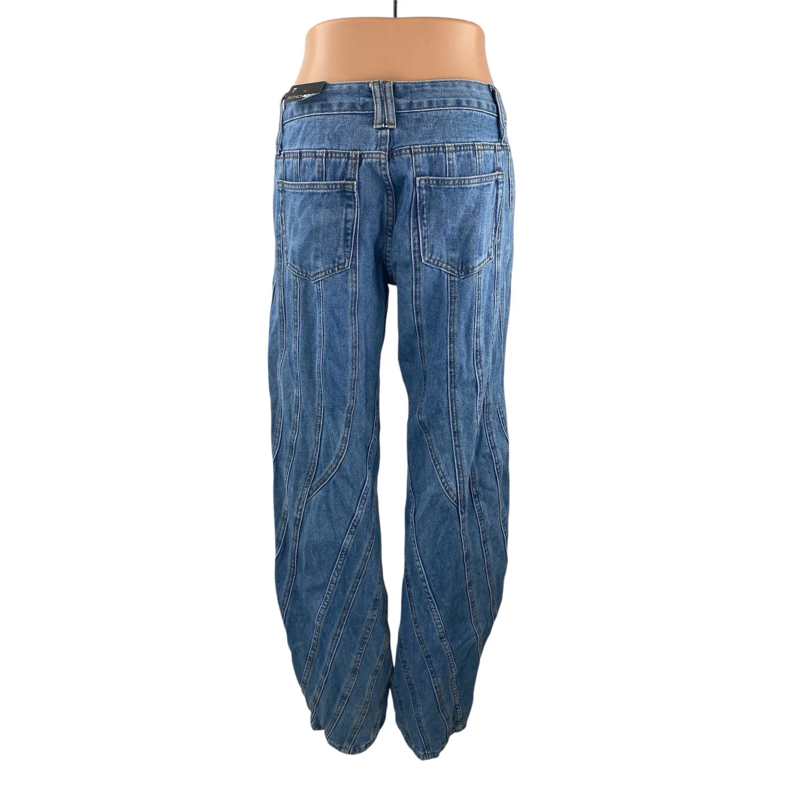 NEW Fashion Nova Women's Blue Seam Detail High Rise Straight Denim Jeans Pants 7 - Image 4