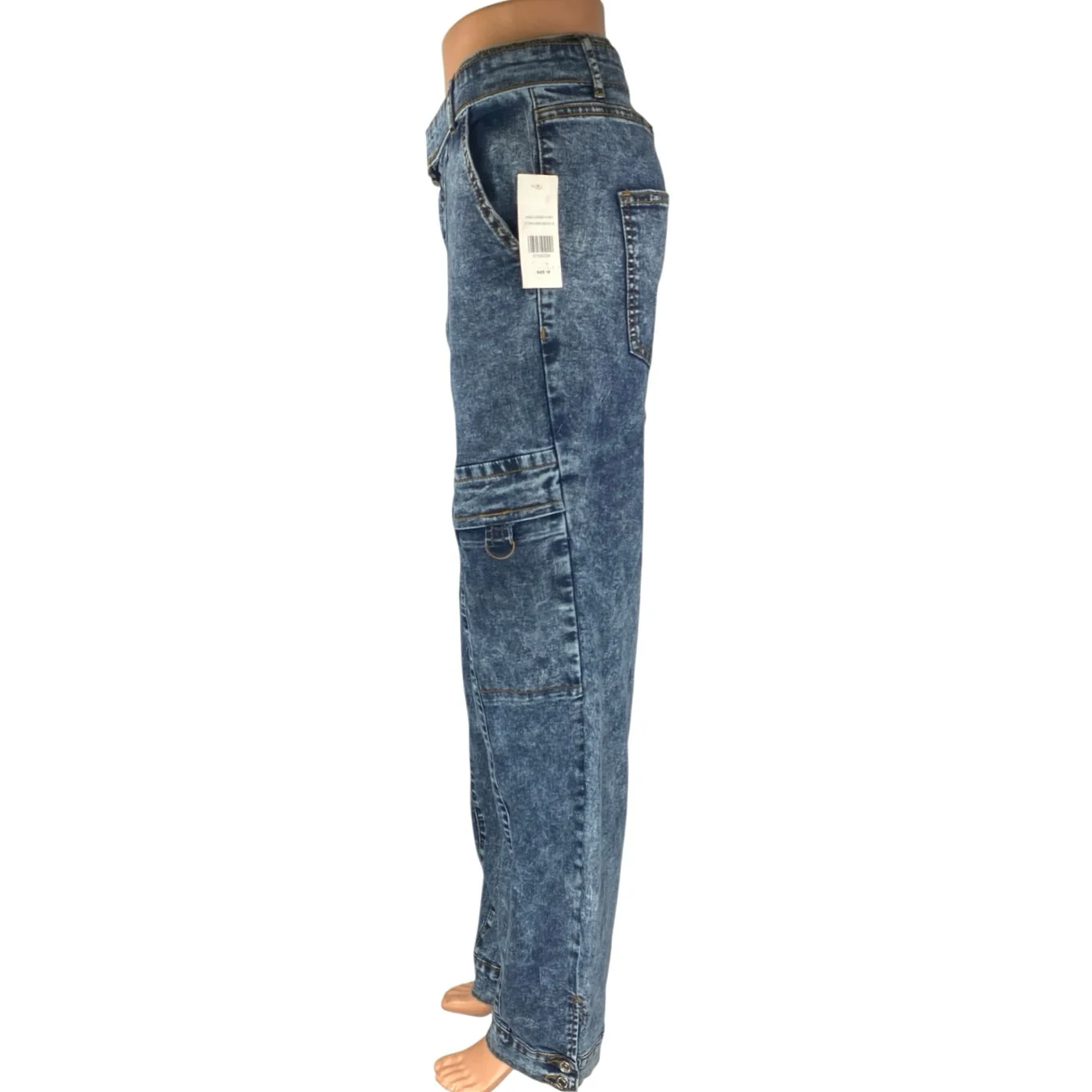 NEW Fashion to Figure Womens Blue High Waisted Straight Leg cargo Denim Jeans 18 - Image 2