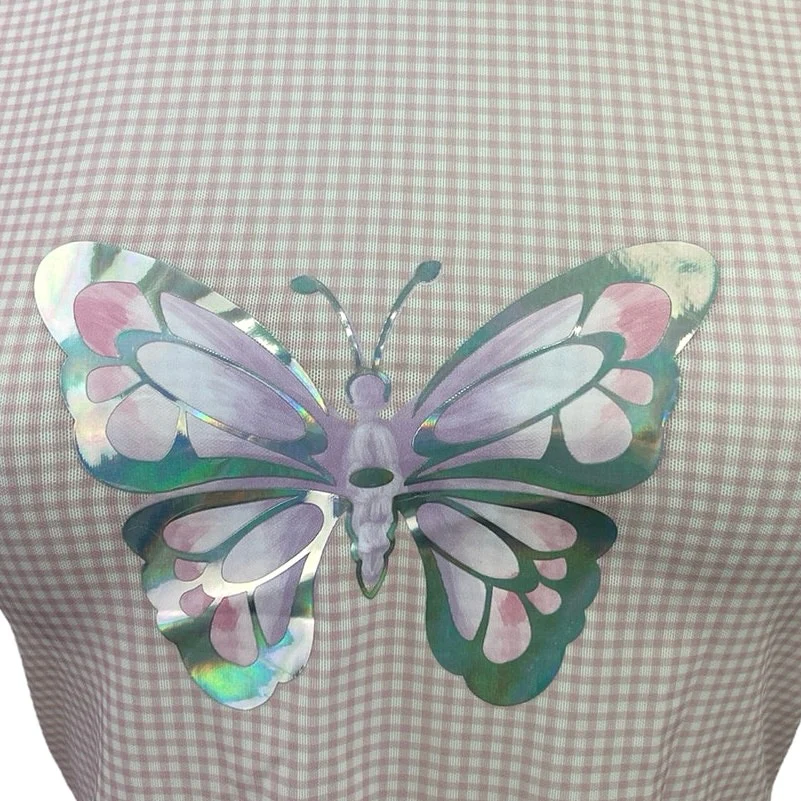 New For Love & Lemons Pink Gingham Butterfly Short Sleeve T-Shirt Crop Top Sz XS - Image 3