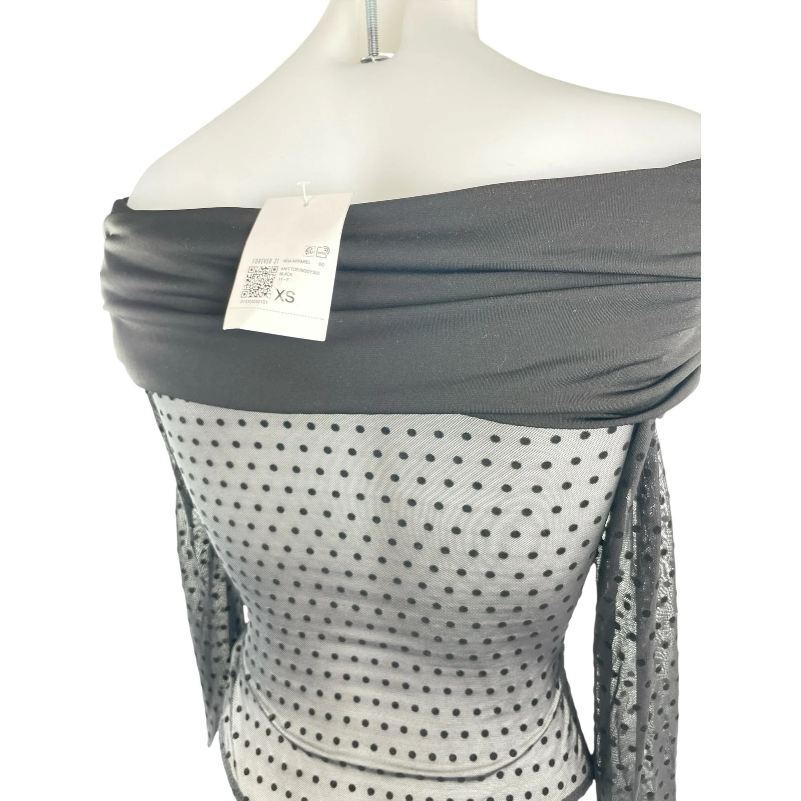 NEW Forever 21 Black Off The Shoulder Polka Dots Mesh Sheer Bodysuit Top Size XS - Image 4