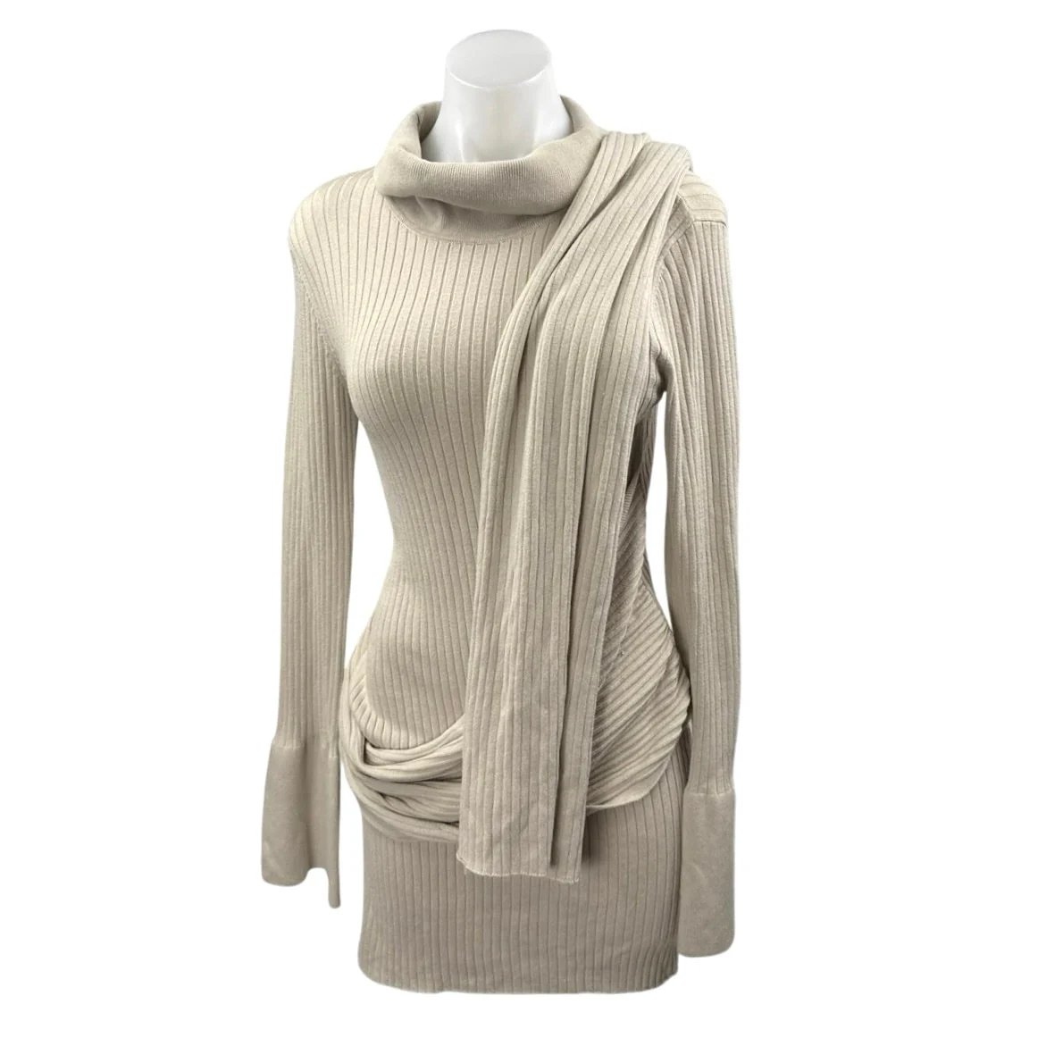 NEW Free People Beige Long Sleeve Ribbed Knit Shawl Mini Sweater Dress Size XS