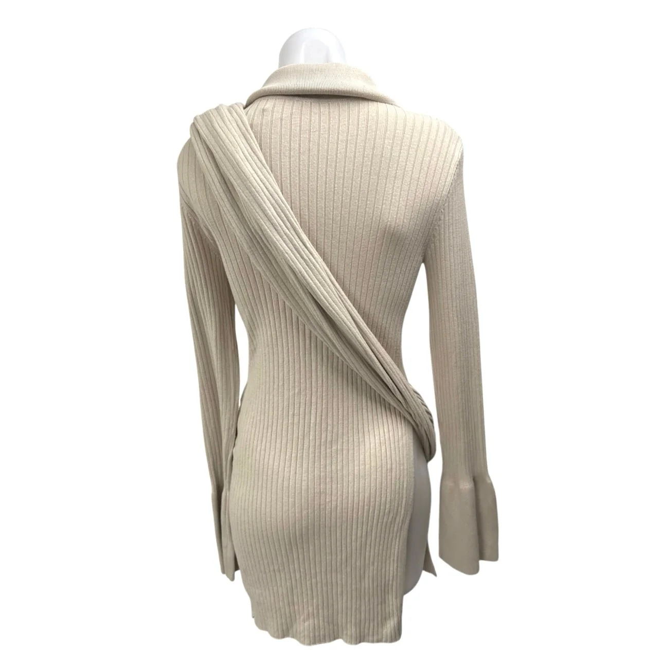 NEW Free People Beige Long Sleeve Ribbed Knit Shawl Mini Sweater Dress Size XS - Image 2