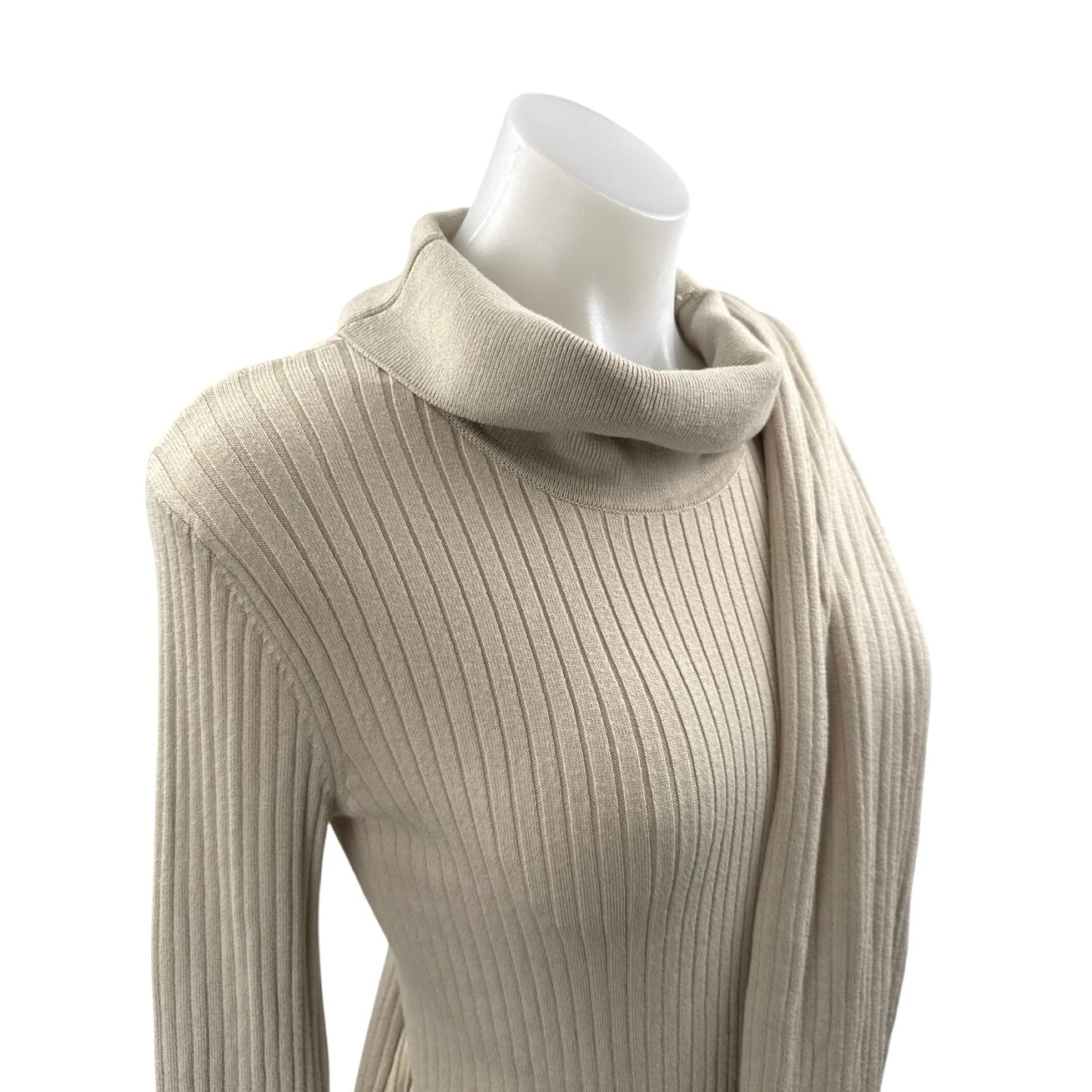 NEW Free People Beige Long Sleeve Ribbed Knit Shawl Mini Sweater Dress Size XS - Image 3