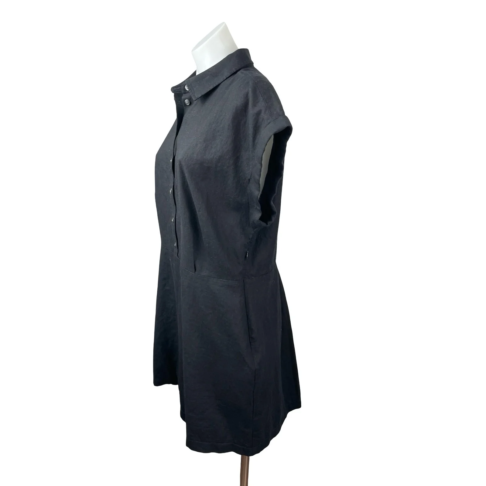 NEW Gap Black Linen Short Drop Sleeve Button Front Collared Mini Shirt Dress L - Image 2