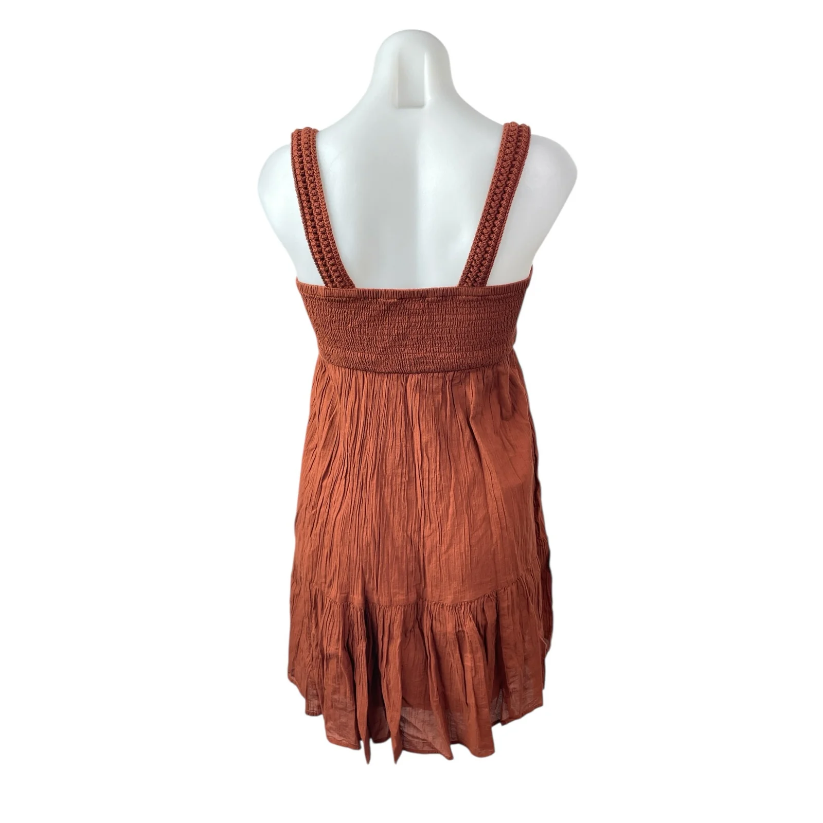NEW Gap Brown Sleeveless Smocked Crochet Knit Cami Tiered A Line Mini Dress XS - Image 4