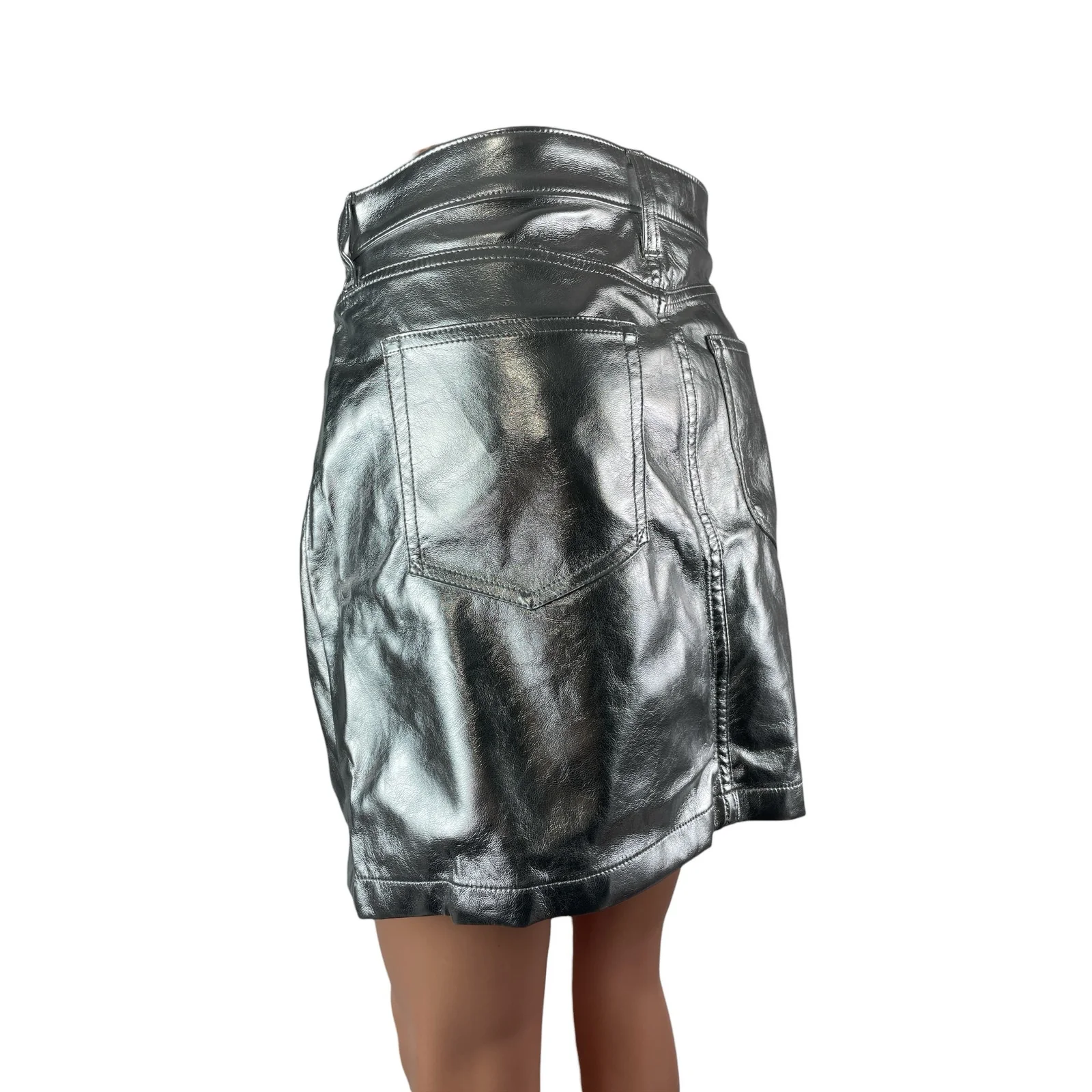 NEW Gap Silver Metallic High Waisted Faux Leather Vegan A Line Mini Skirt Size 6 - Image 3