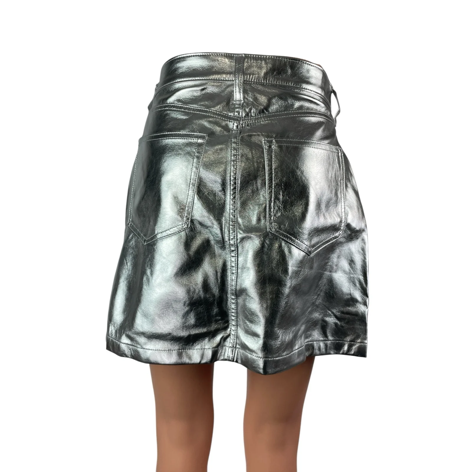 NEW Gap Silver Metallic High Waisted Faux Leather Vegan A Line Mini Skirt Size 6 - Image 4