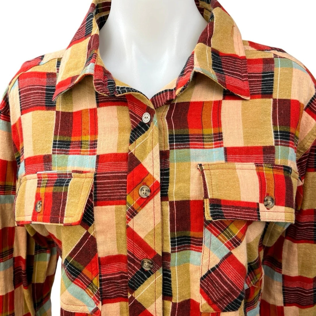 NEW Gilded Intent Multicolor Check Plaid Flannel Button Crop Shirt Blouse Top XS - Image 3