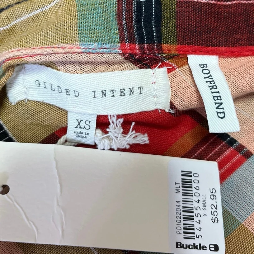 NEW Gilded Intent Multicolor Check Plaid Flannel Button Crop Shirt Blouse Top XS - Image 4