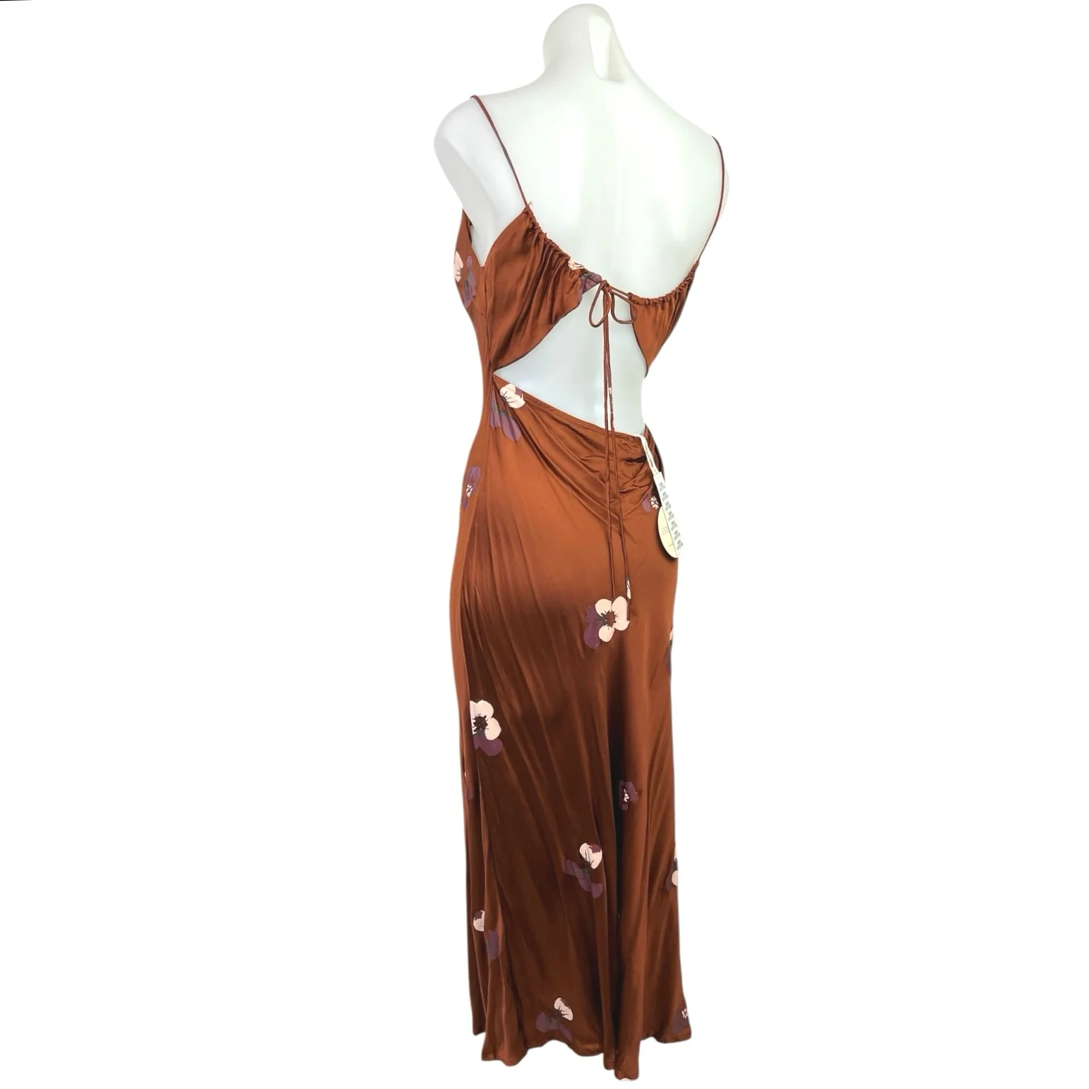 NEW Gillia Brown Silk Satin Floral Cowl Neck Cutout Back Slip Maxi Dress Size M - Image 2