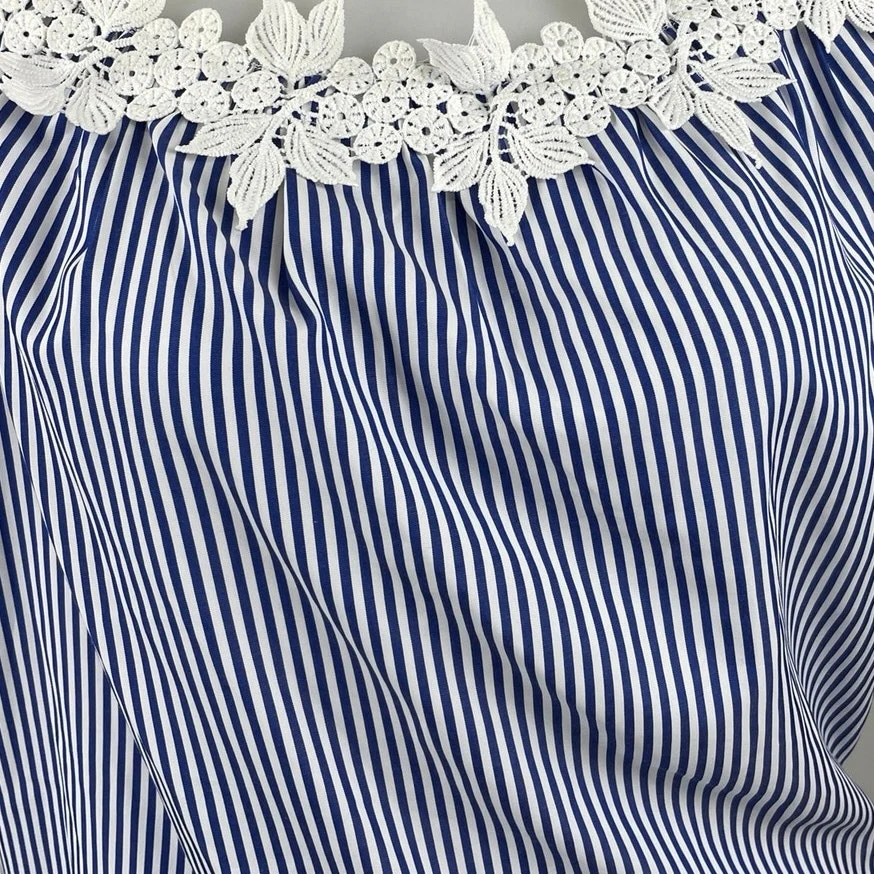NEW Good Times Blue White Striped Floral Short Puff Sleeve Blouse Top Sz 1X/2X - Image 2