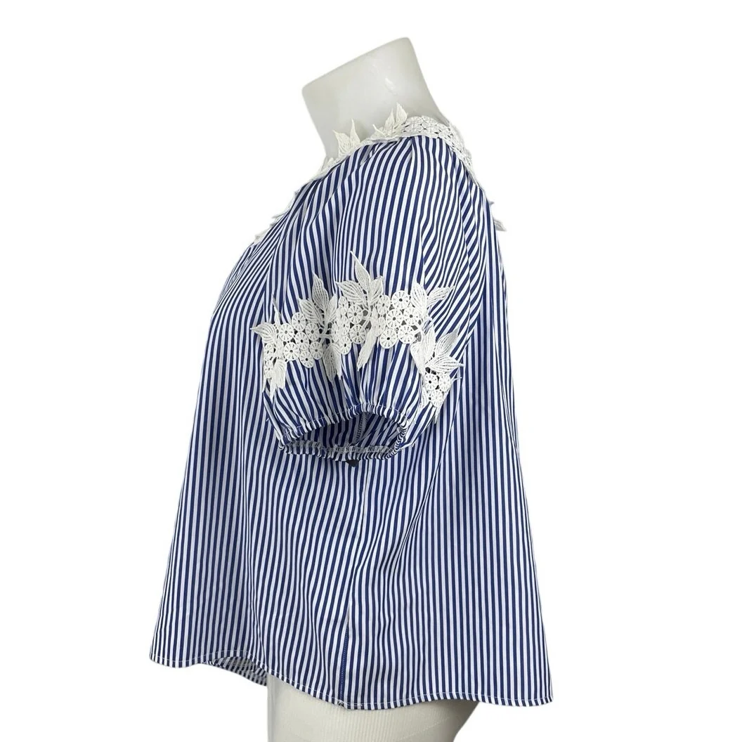 NEW Good Times Blue White Striped Floral Short Puff Sleeve Blouse Top Sz 1X/2X - Image 3