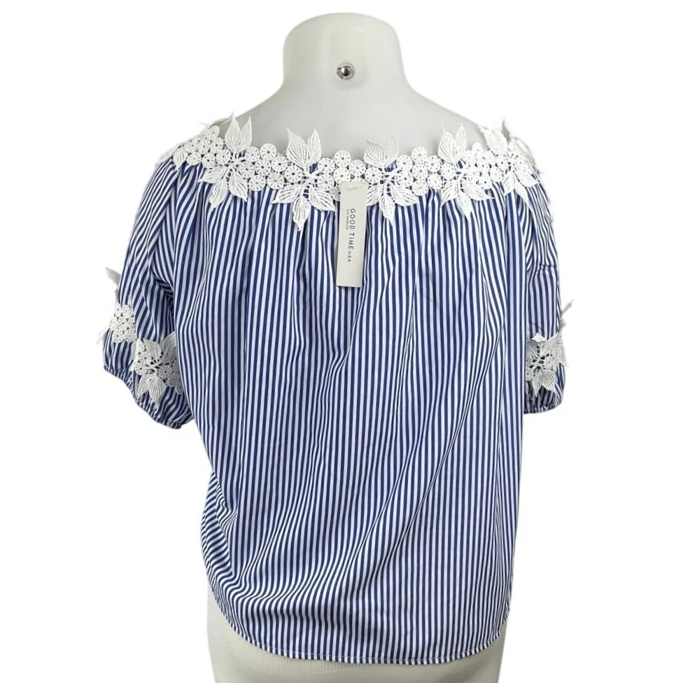 NEW Good Times Blue White Striped Floral Short Puff Sleeve Blouse Top Sz 1X/2X - Image 4