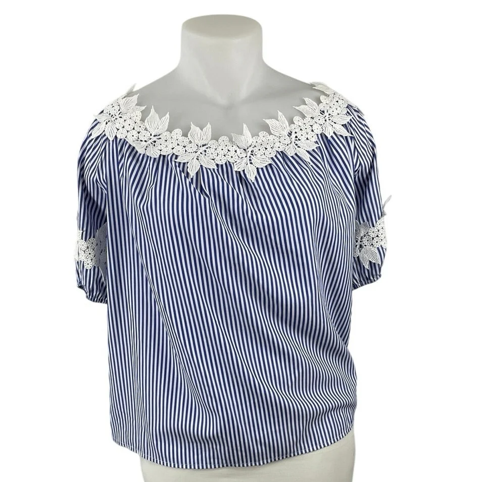 NEW Good Times Blue White Striped Floral Short Puff Sleeve Blouse Top Sz 1X/2X - Image 7
