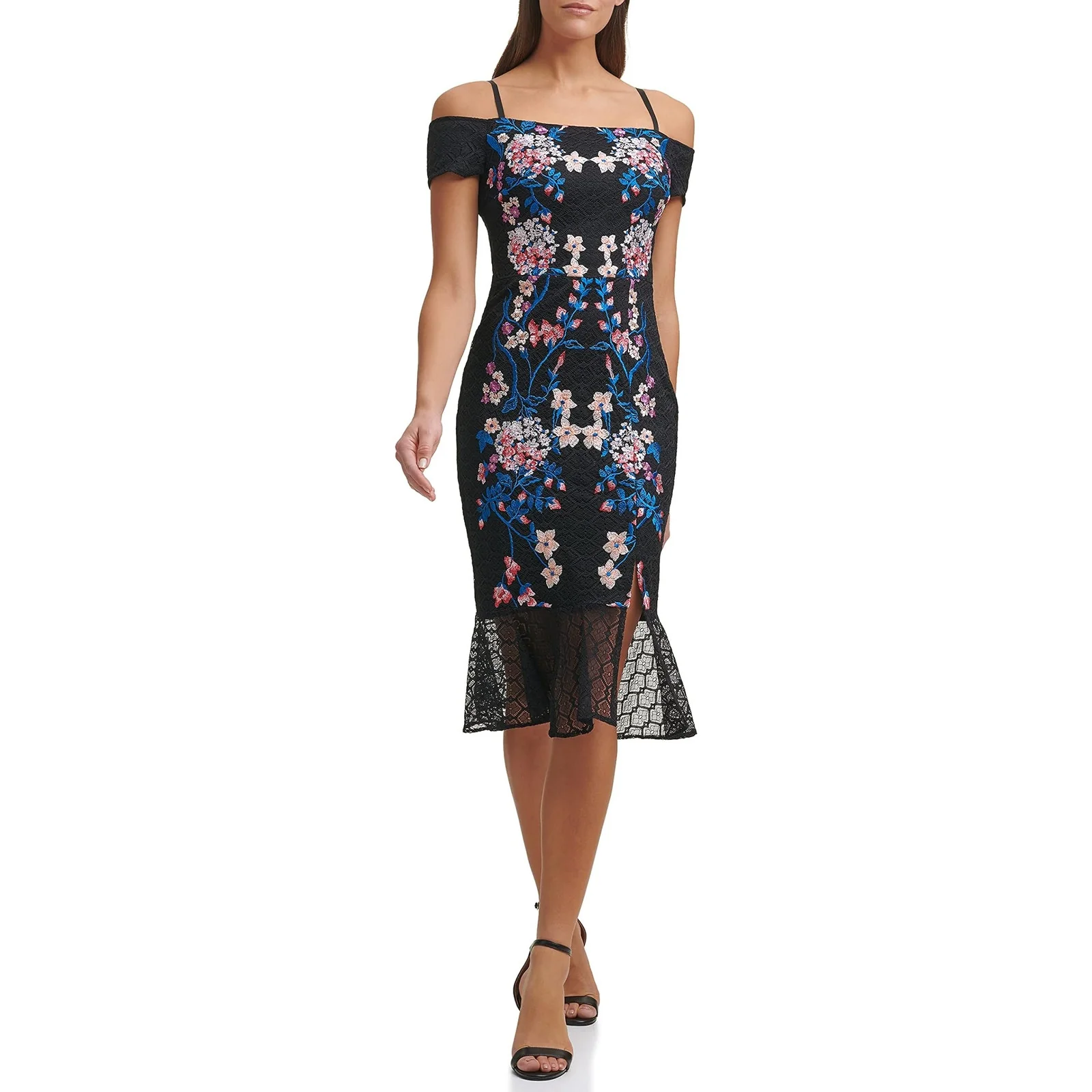NEW Guess Black Floral Off The Shoulder Lace Ruffle Midi Bodycon Dress Size 14 - Image 3