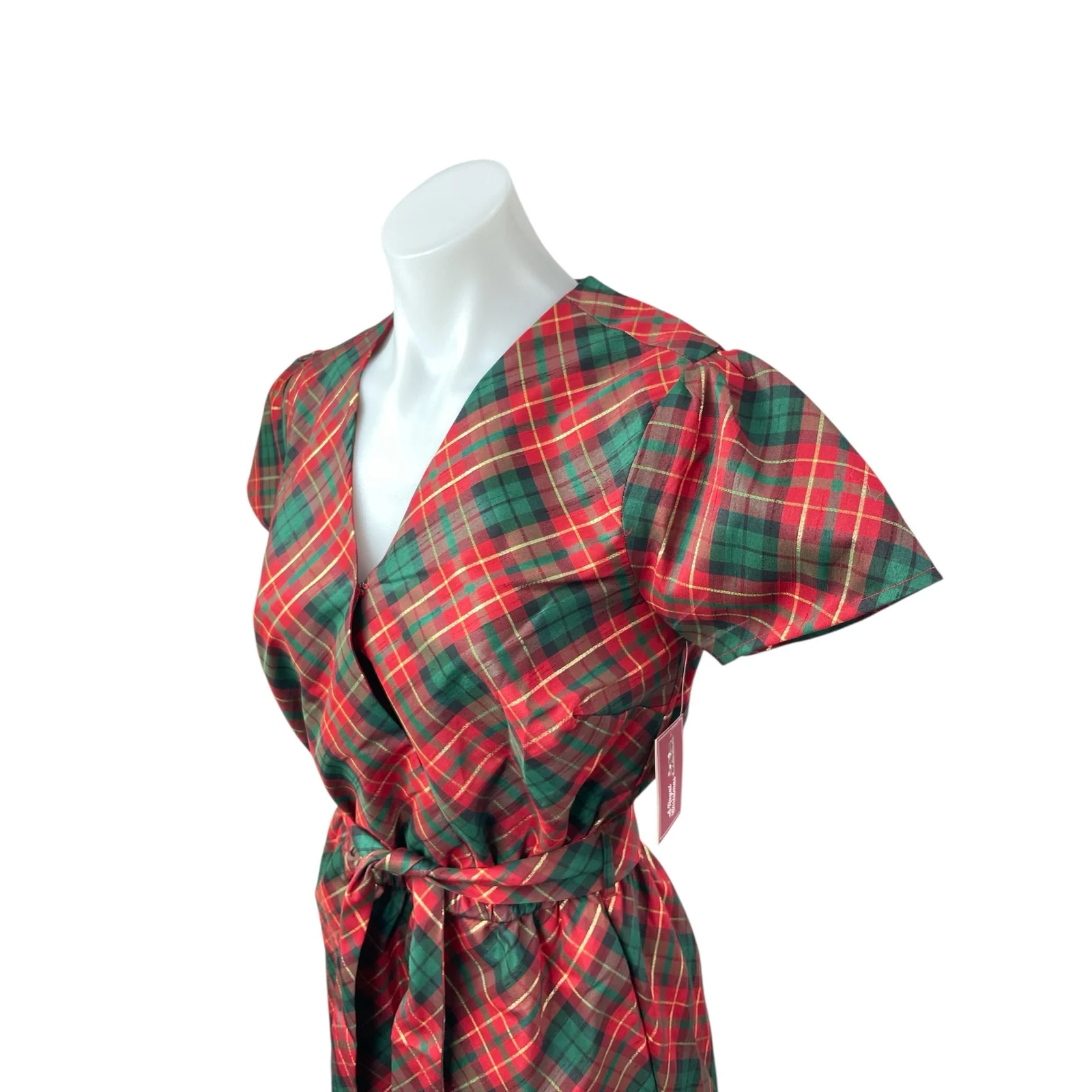 New Gymboree Women's Red Plaid Short Sleeve Tie Waist A Line Midi Dress Size S - Image 2