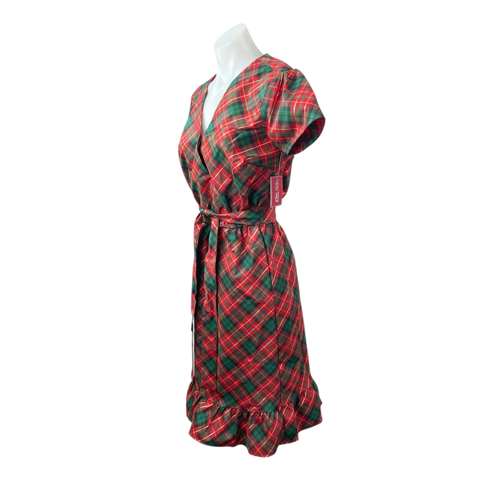 New Gymboree Women's Red Plaid Short Sleeve Tie Waist A Line Midi Dress Size S - Image 3