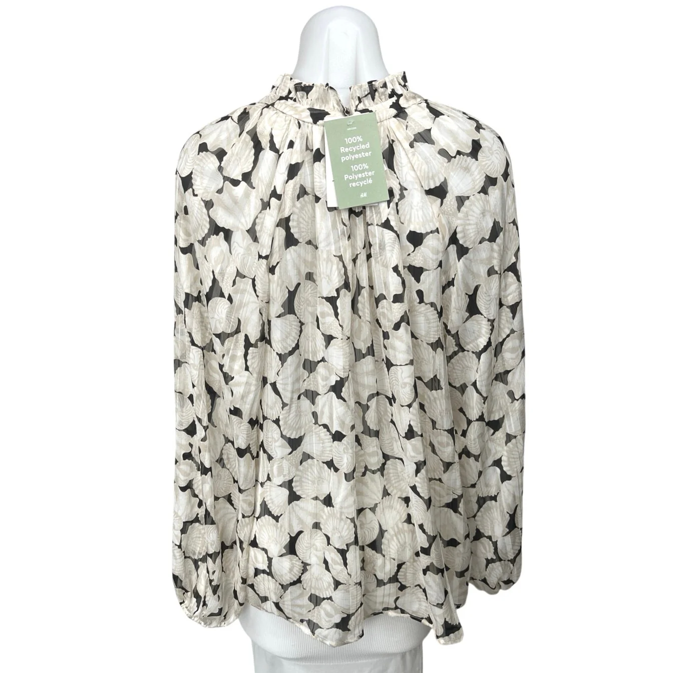 NEW H&M Beige Black Sea Shells Long Sleeve Mock Ruffle Keyhole Blouse Top Size M - Image 2