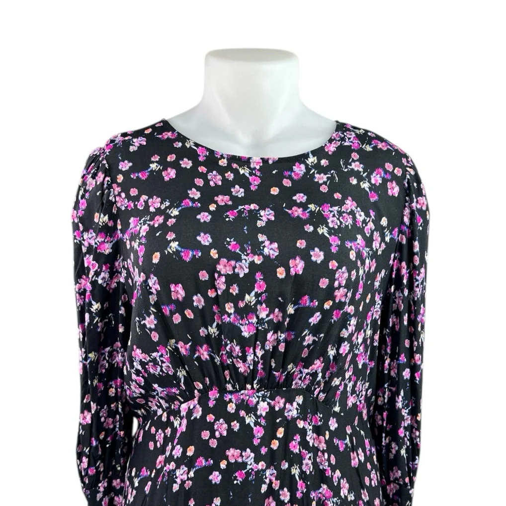 NEW H&M Black Pink Floral Long Sleeve Cutout Back Blouson Maxi Dress Size XL - Image 3