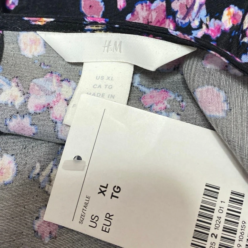 NEW H&M Black Pink Floral Long Sleeve Cutout Back Blouson Maxi Dress Size XL - Image 4