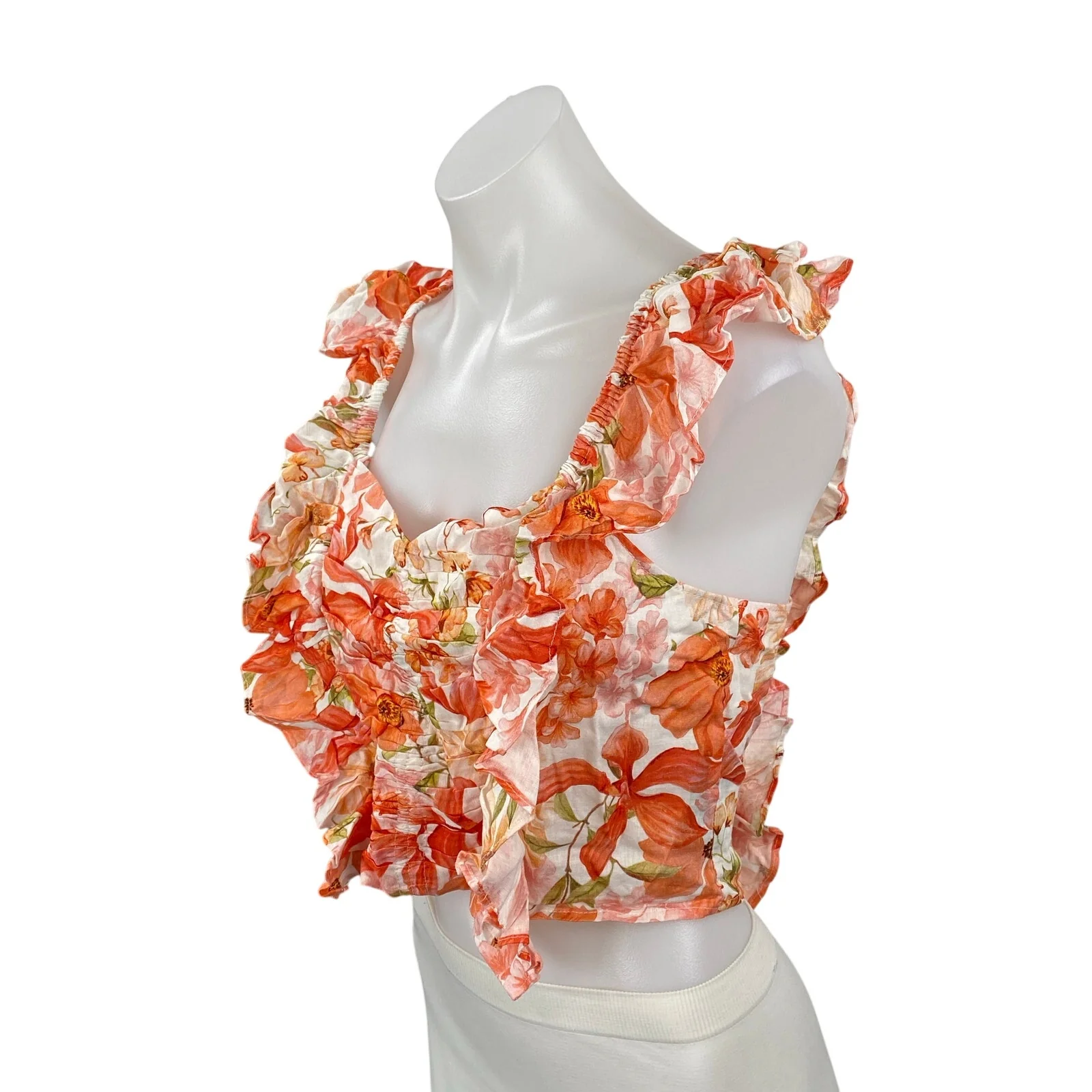 NEW H&M Coral Floral Sleeveless Linen Ruffle Sweetheart Cropped Blouse Top Sz S - Image 2