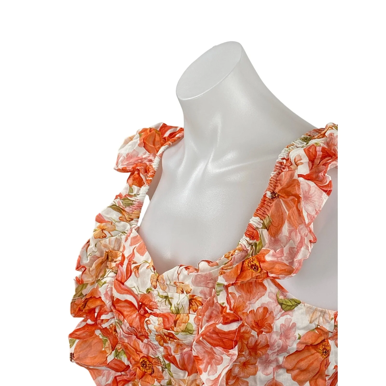 NEW H&M Coral Floral Sleeveless Linen Ruffle Sweetheart Cropped Blouse Top Sz S - Image 3
