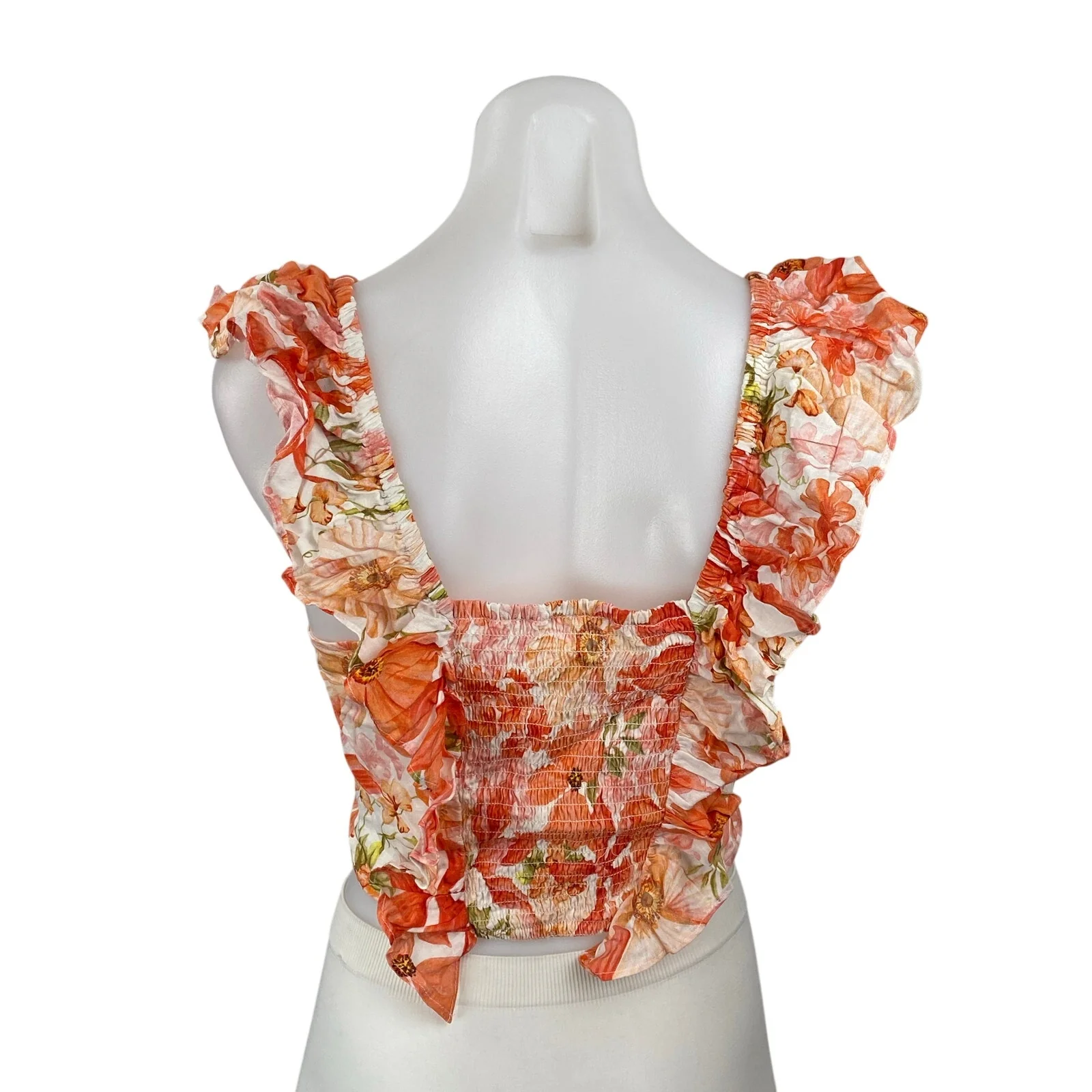 NEW H&M Coral Floral Sleeveless Linen Ruffle Sweetheart Cropped Blouse Top Sz S - Image 4