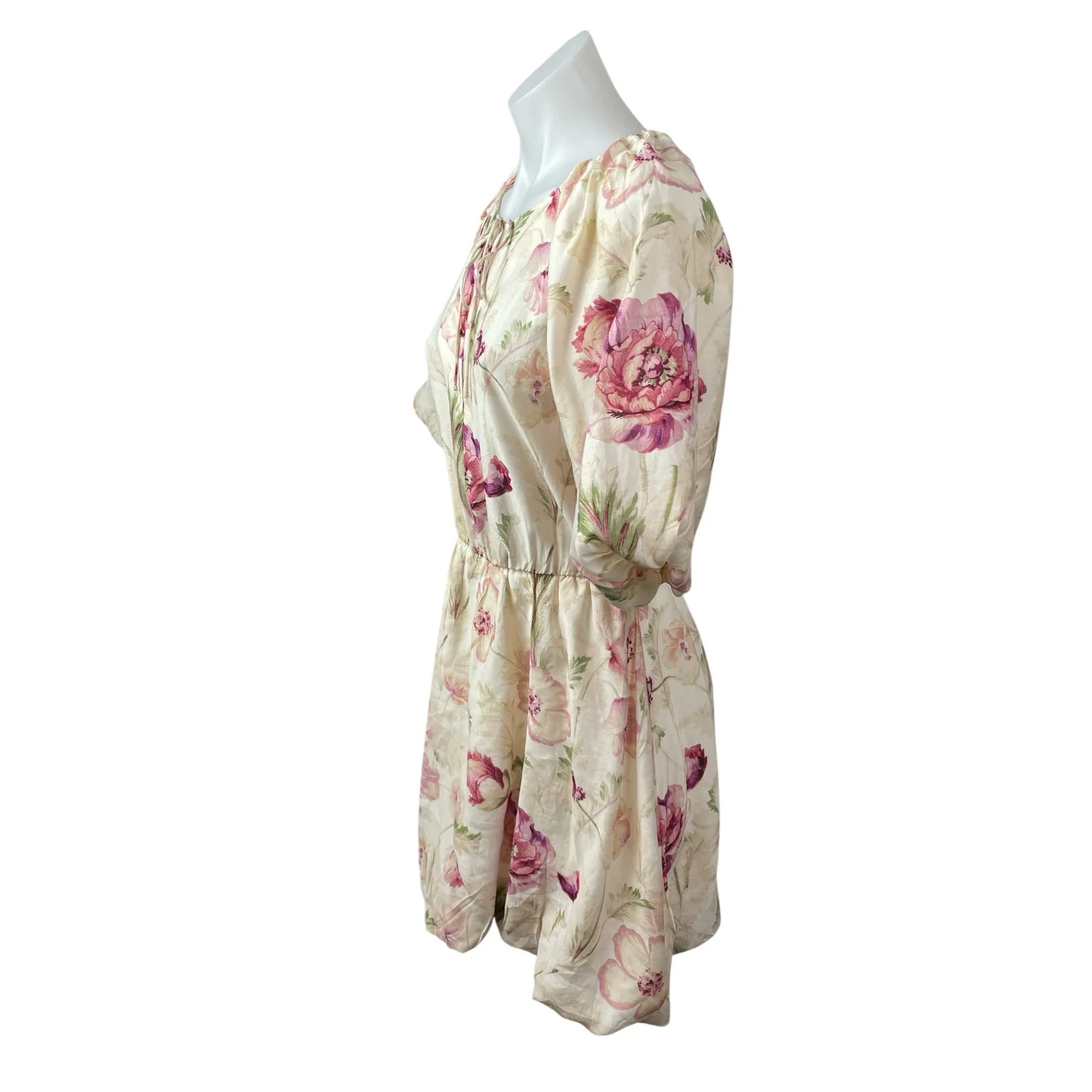 NEW H&M Cream Pink Floral Half Puff Sleeve Tie Fit & Flare Mini Dress Size S - Image 3