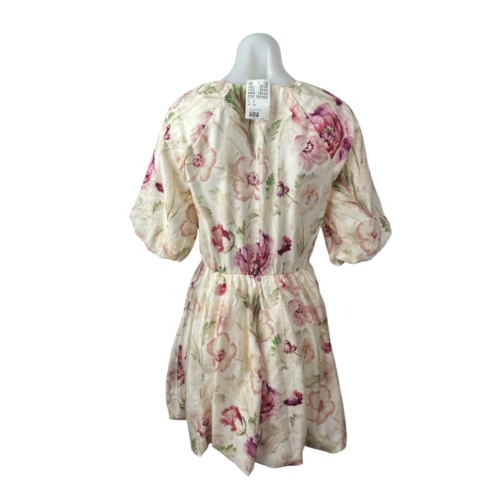 NEW H&M Cream Pink Floral Half Puff Sleeve Tie Fit & Flare Mini Dress Size S - Image 4