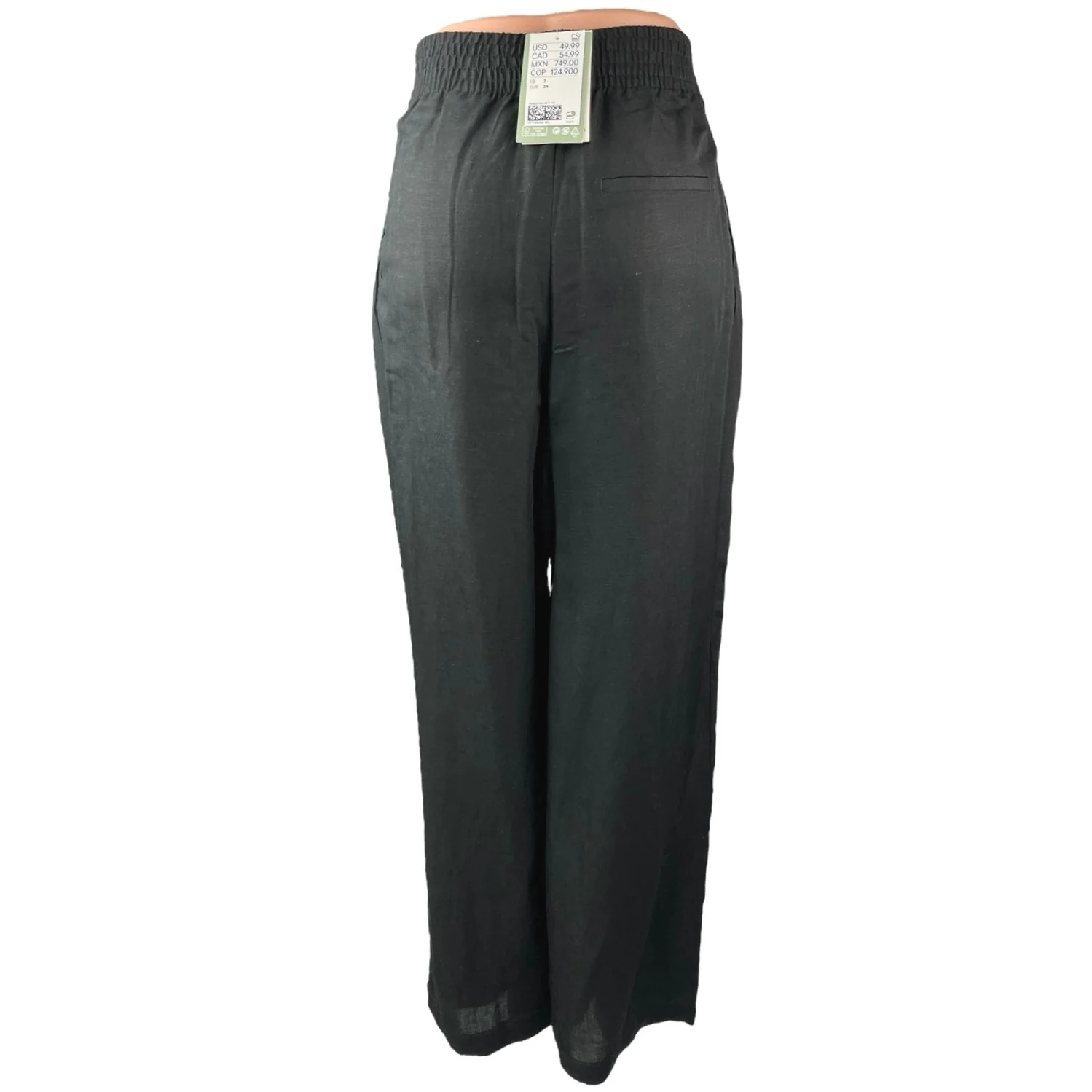NEW H&M Women's Black Linen Pleated High Rise Wide Leg Trouser Pants Size 2 - Image 3