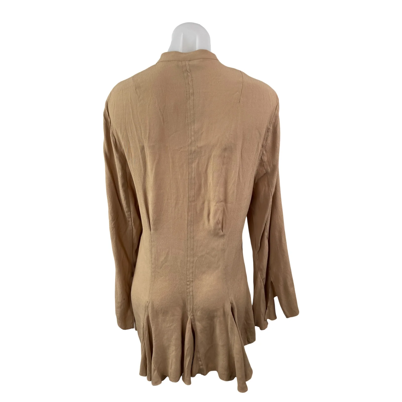 NEW H&M Womens Tan Lace Up Long Sleeve Ruffle Pleated A Line Mini Dress Size S - Image 4