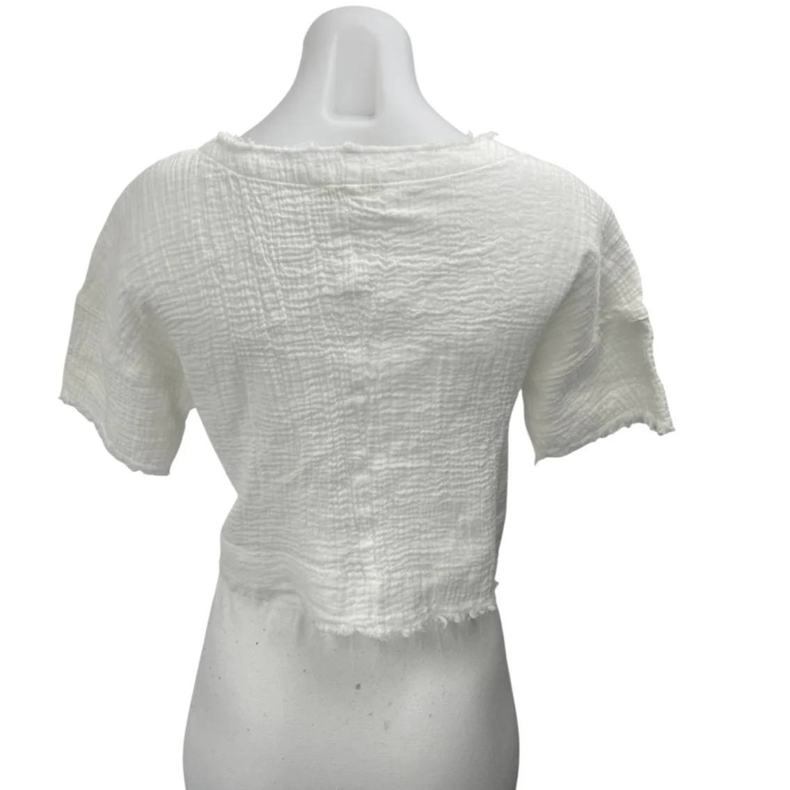 New In White Cotton Gauze Frayed Edges Pocket Short Sleeve Crop Tee Shirt Top XS - Image 2