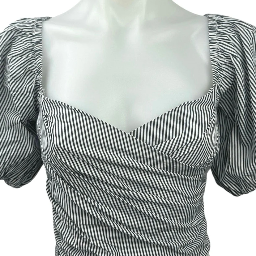 NEW J.Crew White Striped Sweetheart Neck Short Balloon Sleeve Smocked Crop Top M - Image 3