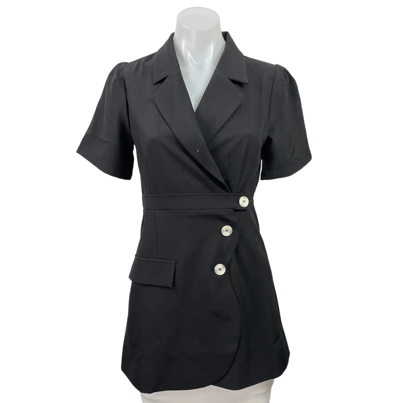 NEW J.ING Women's Black Short Sleeve Collared Button Front Blazer Mini Dress XS