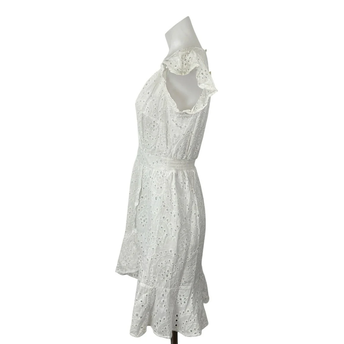 NEW Japna White Floral Eyelet Embroidery V Neck Mini Flare A-Line Wrap Dress M - Image 2