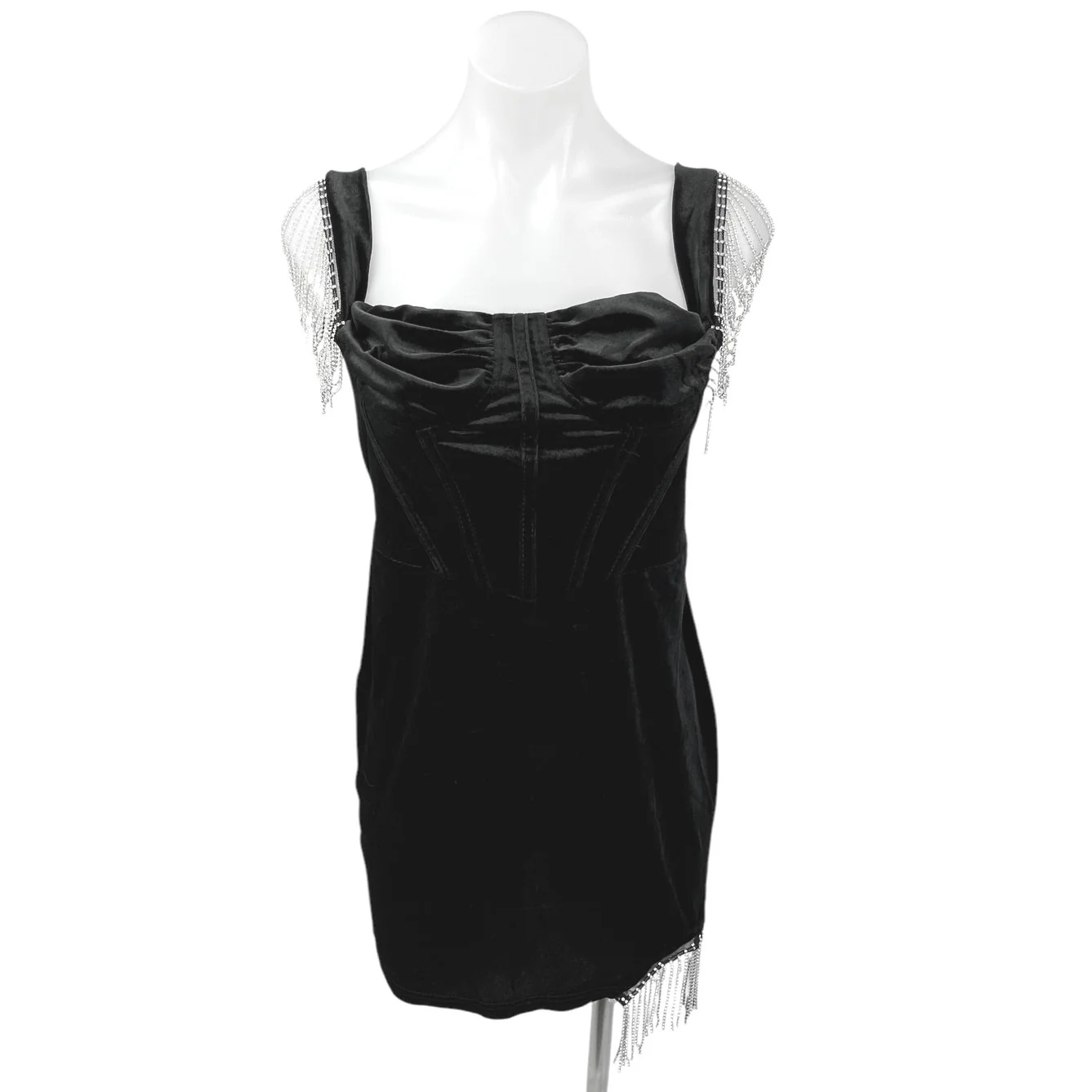 NEW JJ's House Black Velour Velvet Jeweled Fringe Holiday Mini Bodycon Dress L