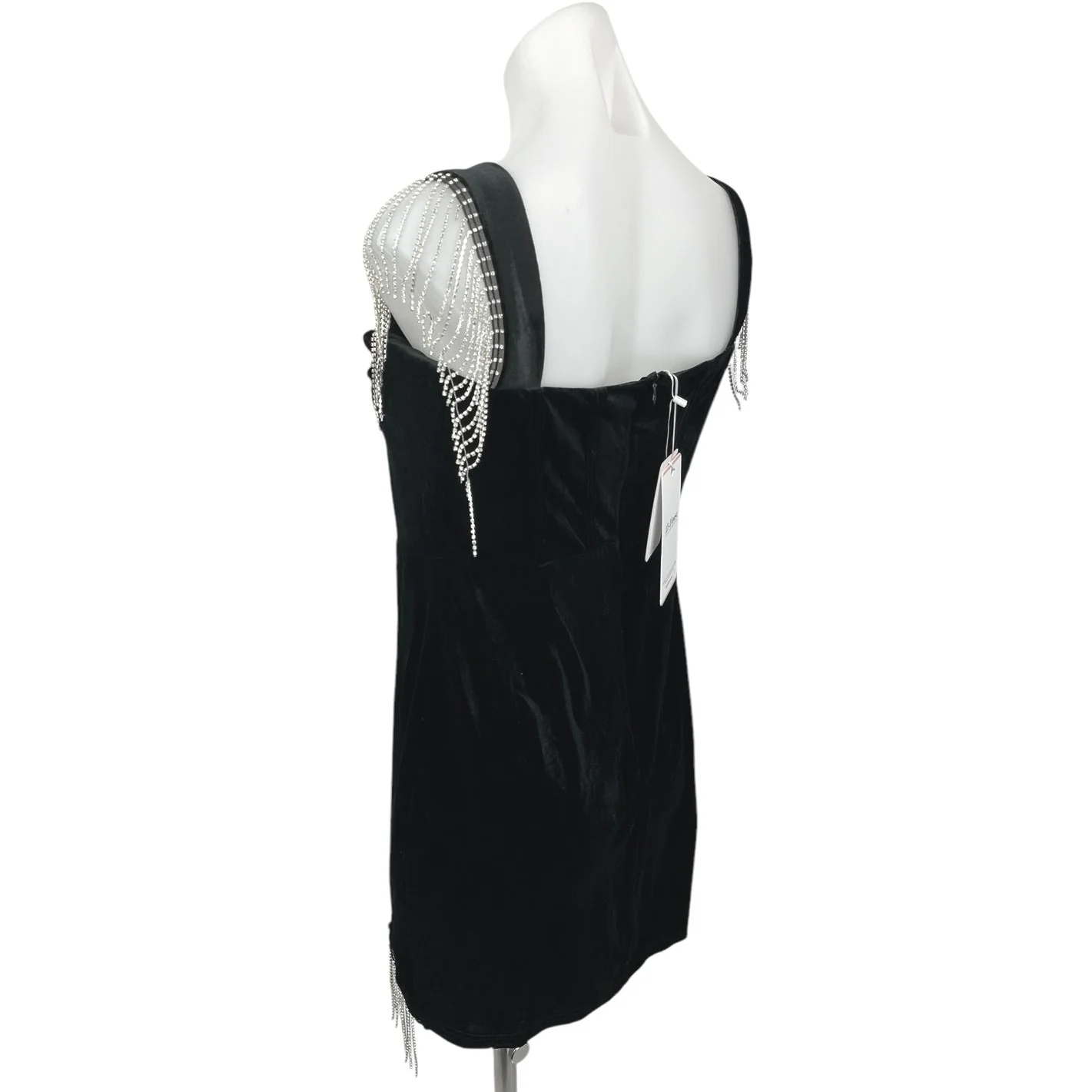 NEW JJ's House Black Velour Velvet Jeweled Fringe Holiday Mini Bodycon Dress L - Image 2