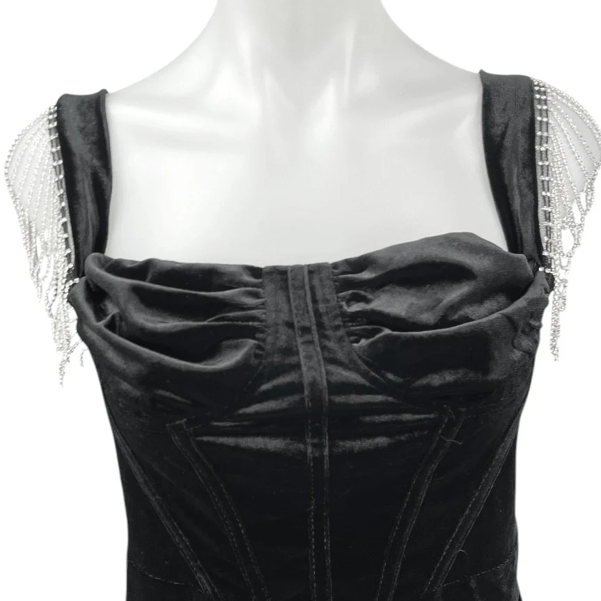 NEW JJ's House Black Velour Velvet Jeweled Fringe Holiday Mini Bodycon Dress L - Image 3