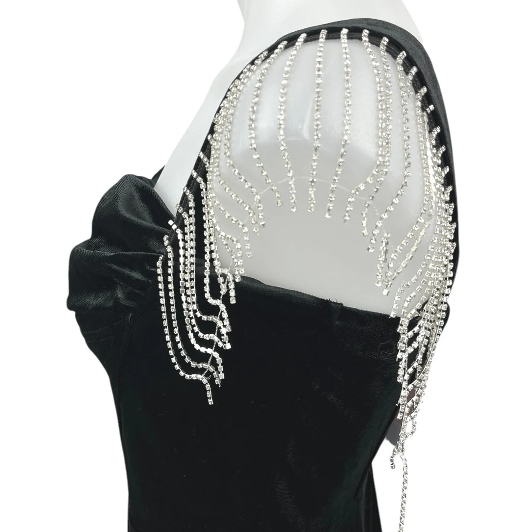 NEW JJ's House Black Velour Velvet Jeweled Fringe Holiday Mini Bodycon Dress L - Image 4