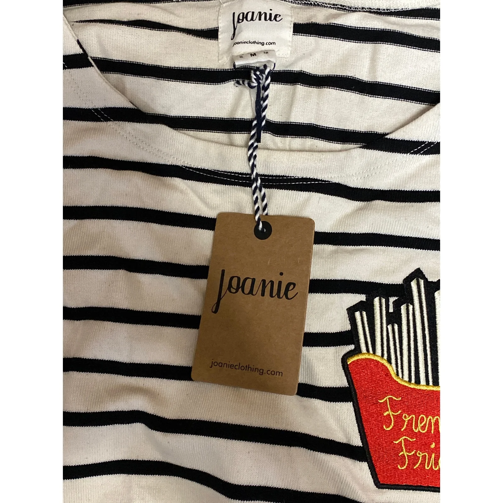 NEW Joanie Women's Black White Striped French Fries Patch Long Sleeve T Shirt S - Image 6