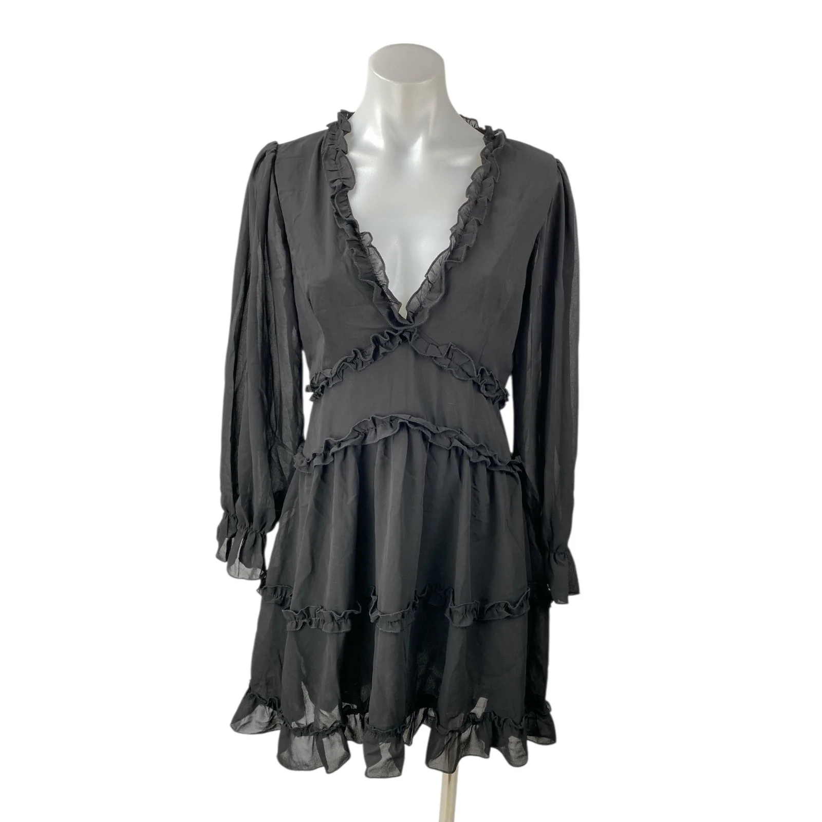 NEW Jus de Pom Black Long Sleeve V Neck Tiered Ruffle Mini A-Line Dress Size S/M