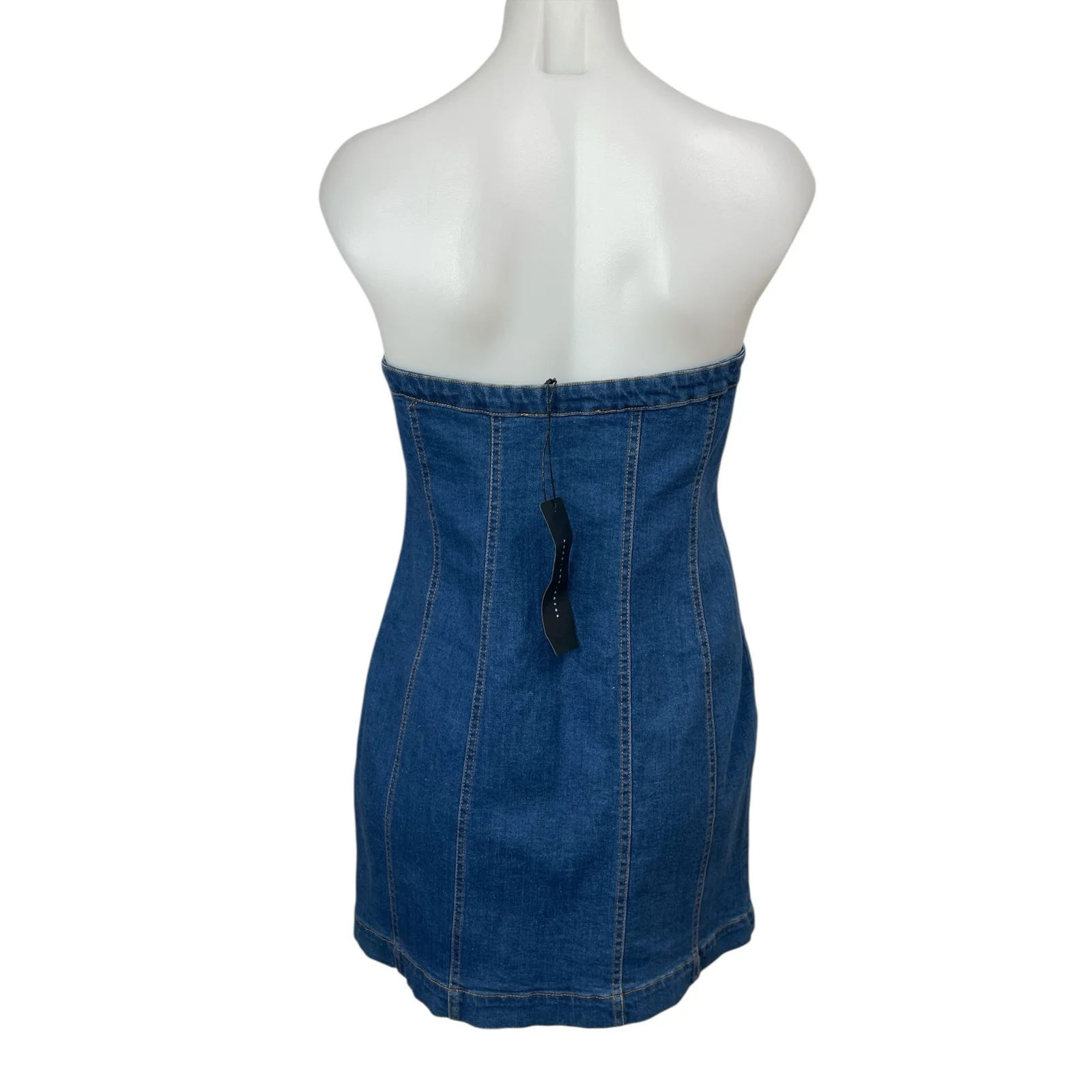 NEW Know One Cares Denim Strapless Bandeau Button Down Mini Bodycon Tube Dress L - Image 2