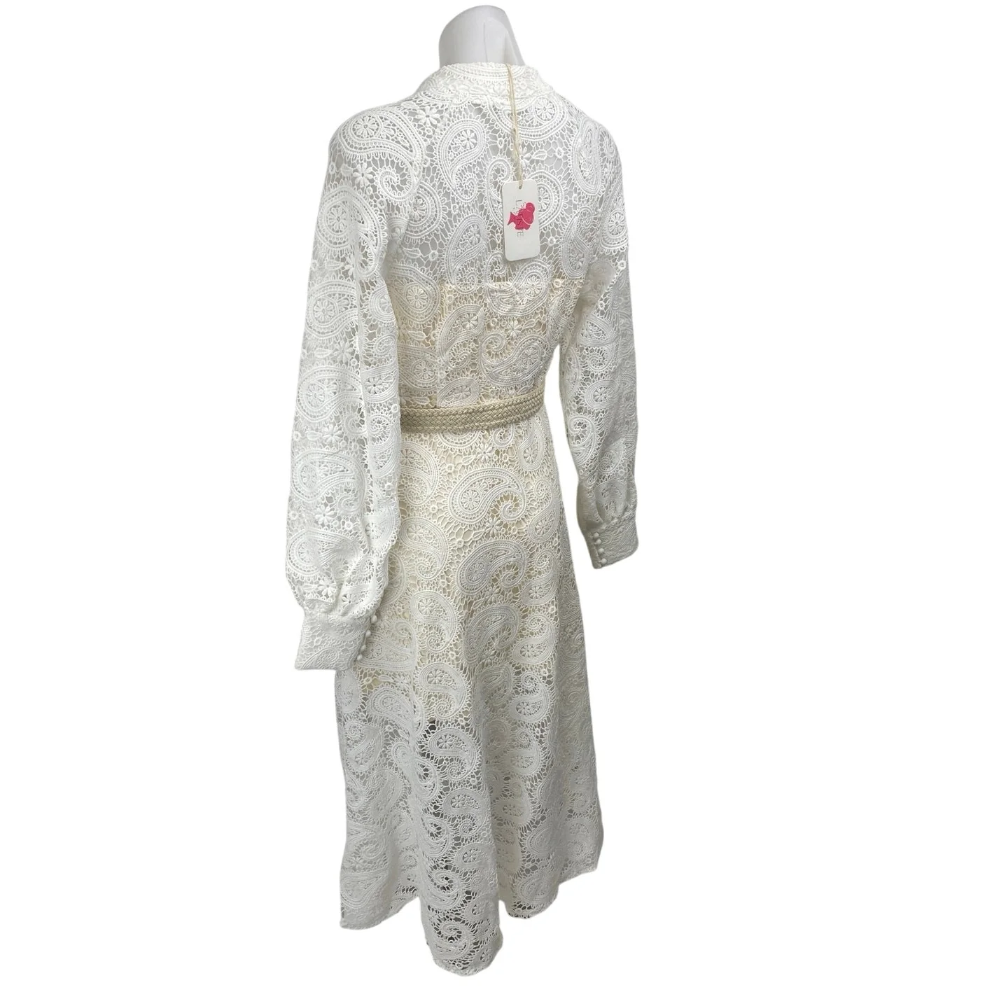 NEW L'atiste White Paisley Lace Long Sleeve Belted Midi A-Line Shirt Dress Sz M - Image 3