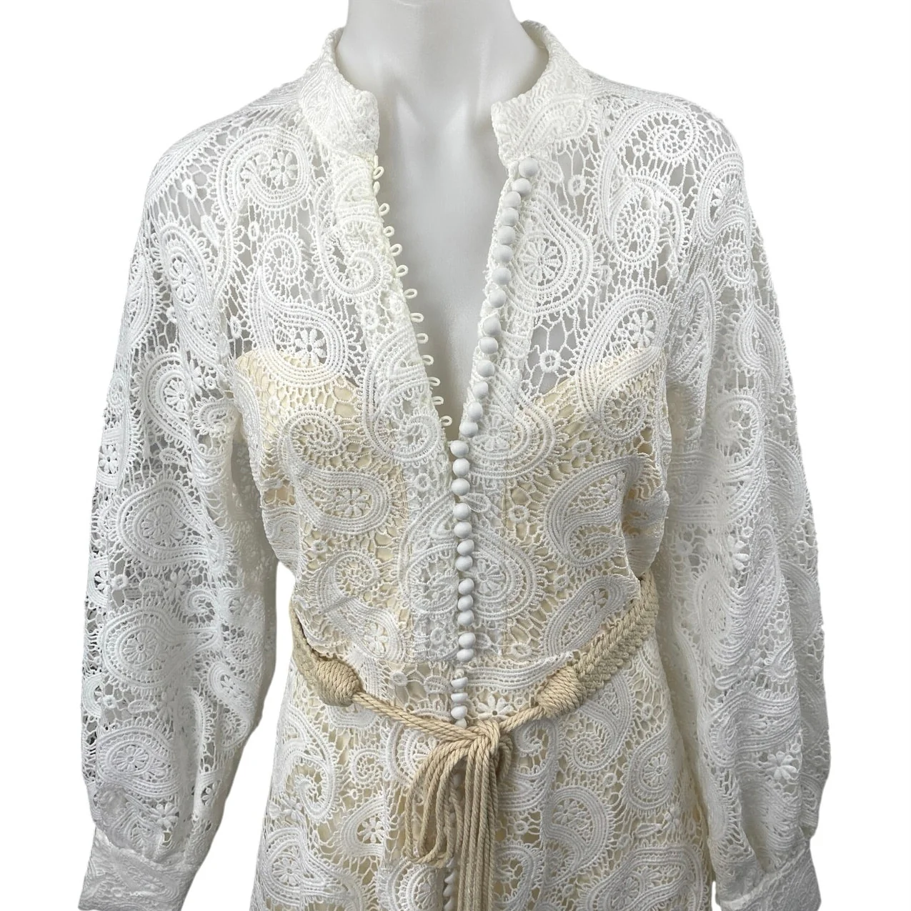 NEW L'atiste White Paisley Lace Long Sleeve Belted Midi A-Line Shirt Dress Sz M - Image 4